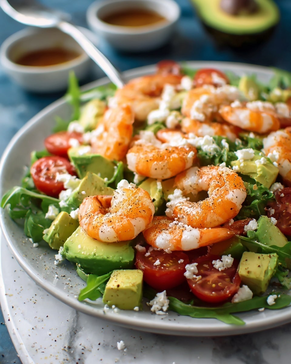 A colorful shrimp salad arranged on a white plate shows layers starting with fresh green arugula leaves as the base. On top, there are bright orange cooked shrimp scattered evenly, with chunks of creamy light green avocado placed around. Halved red cherry tomatoes add vibrant spots of color, and white crumbled cheese is sprinkled throughout, adding contrast. The ingredients appear fresh and slightly seasoned with visible black pepper. The plate is set on a white marbled surface, and small blurred bowls with sauces are seen in the background. Photo taken with an iphone --ar 4:5 --v 7