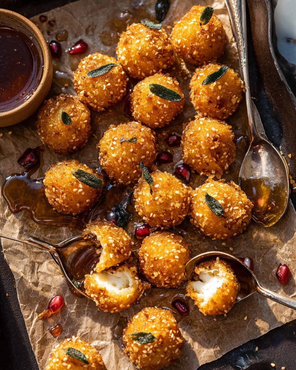 The image shows crispy, golden brown round bites coated with sesame seeds scattered on brown parchment paper placed on a dark tray. Each bite has a crunchy texture with some cracks revealing a soft, creamy white inside. Small green fried leaves are placed on top of several bites, adding a touch of color. A vintage silver fork and spoon hold some of the bites, resting on the parchment paper. There are drops of shiny amber syrup and a few red pomegranate seeds scattered around, creating a glossy contrast on the surface. A partial view of a brown bowl filled with syrup is visible on the left. The surface beneath is a white marbled texture. photo taken with an iphone --ar 4:5 --v 7