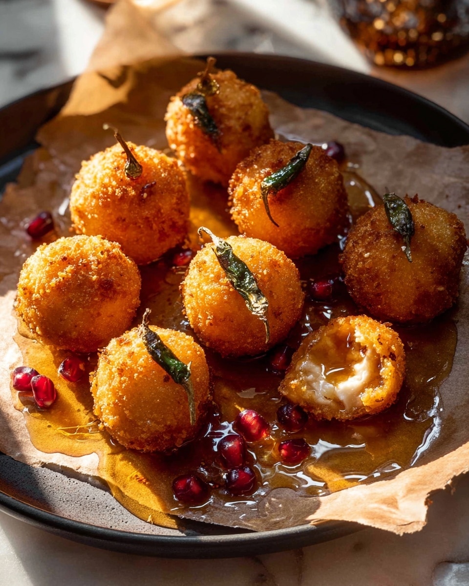 The image shows seven golden brown, round fried balls with a crispy textured coating, each topped with a small fried green chili. One ball is bitten into, revealing a soft, light-colored filling inside. The balls sit on a brown parchment paper that lines a dark matte plate, drizzled with an amber-colored syrup or sauce that pools around the balls. There are a few small, shiny red pomegranate seeds scattered on the paper, along with some wilted green leaves. The plate is set on a white marbled surface with soft sunlight casting warm tones and shadows, giving the scene a cozy and inviting feel. Photo taken with an iphone --ar 4:5 --v 7