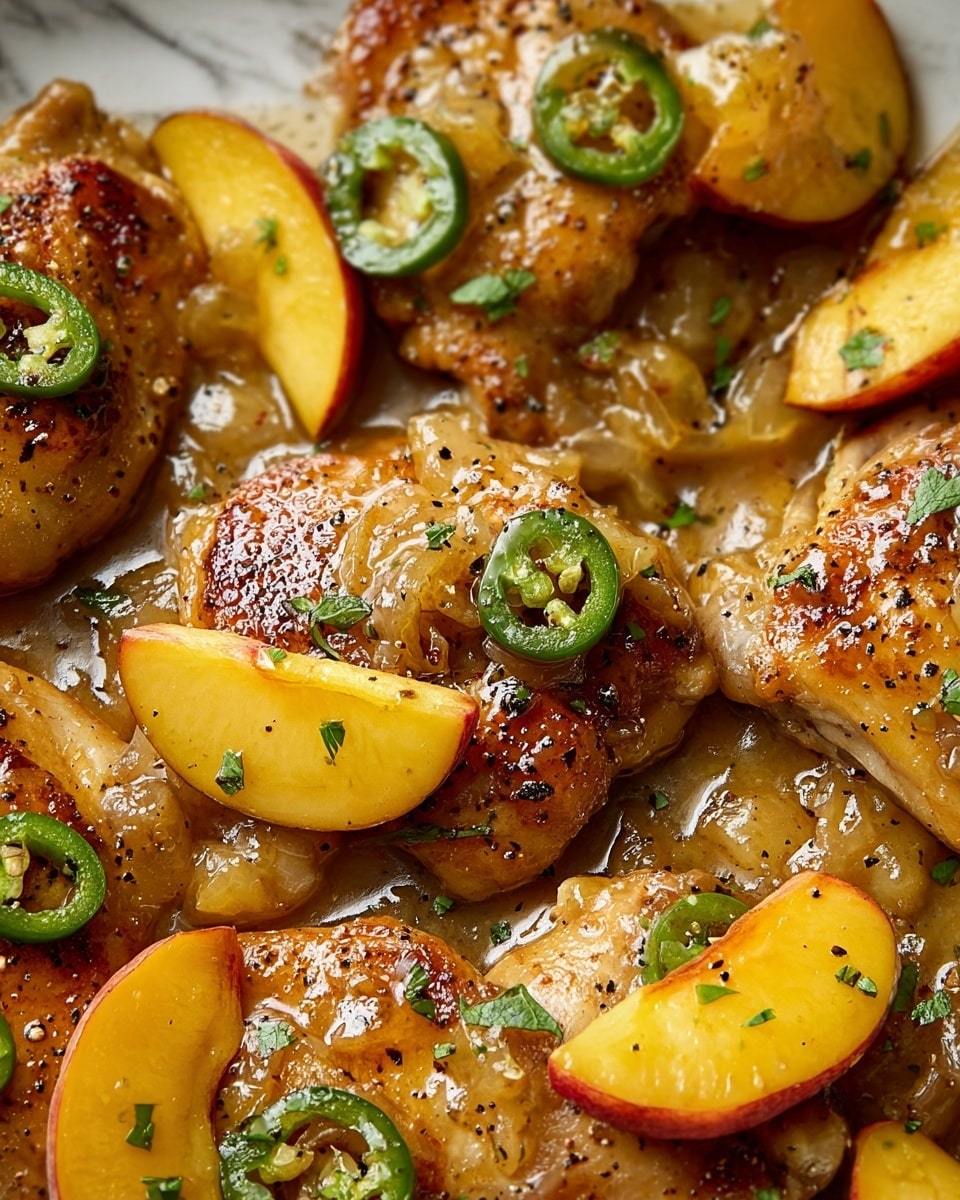 The image shows a close-up of cooked chicken thighs covered with a glossy, light brown sauce that looks thick and shiny. On top of each chicken piece, there are slices of small yellow peach halves and green jalapeño rings, adding bright yellow and green colors. The chicken has a slightly crispy texture with small black pepper specks sprinkled over it. Small green herb bits are scattered on the dish, giving a fresh look. The background is a white marbled texture that contrasts with the warm food colors. Photo taken with an iphone --ar 4:5 --v 7