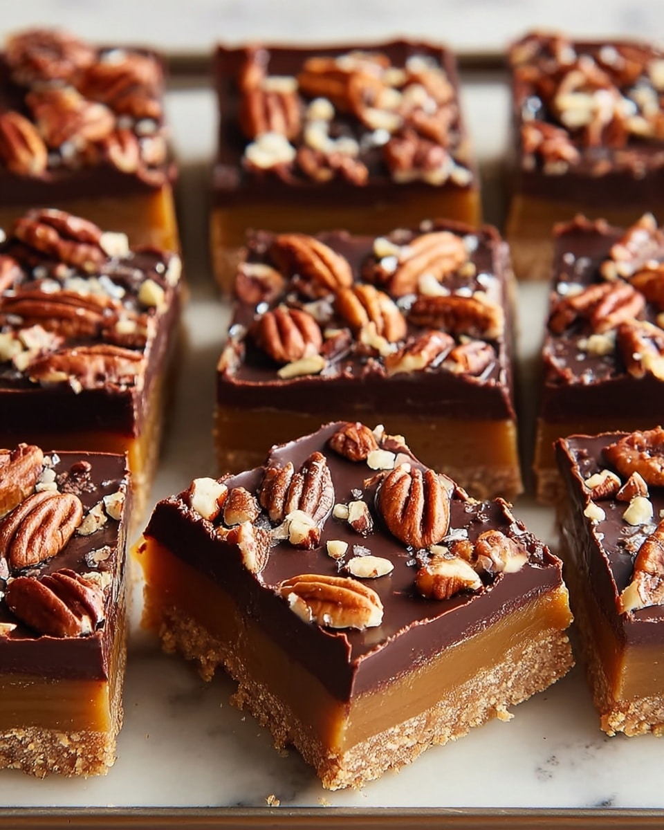 The image shows a close-up of a tray with nine square dessert bars neatly arranged in three rows. Each bar has three visible layers: a crumbly light brown base layer, a thick middle layer of smooth caramel in a golden tan color, and a glossy dark chocolate top layer. Scattered across the chocolate are whole and broken pecan nuts in rich brown tones, adding texture. The tray sits on a white marbled surface. Photo taken with an iphone --ar 4:5 --v 7