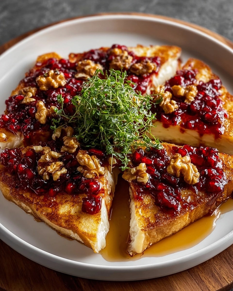 The image shows four thick slices of grilled cheese with a golden-brown crust arranged in a circle on a white plate. Each slice is topped with a glossy red berry sauce and pieces of walnuts, adding texture and color contrast. In the center of the plate is a small pile of fresh green herbs, giving a fresh look to the dish. The cheese has a soft white inside clearly visible on the edges of each slice, and there is a shiny glaze of sauce pooling slightly around the bottom. The photo is taken with an iphone --ar 4:5 --v 7