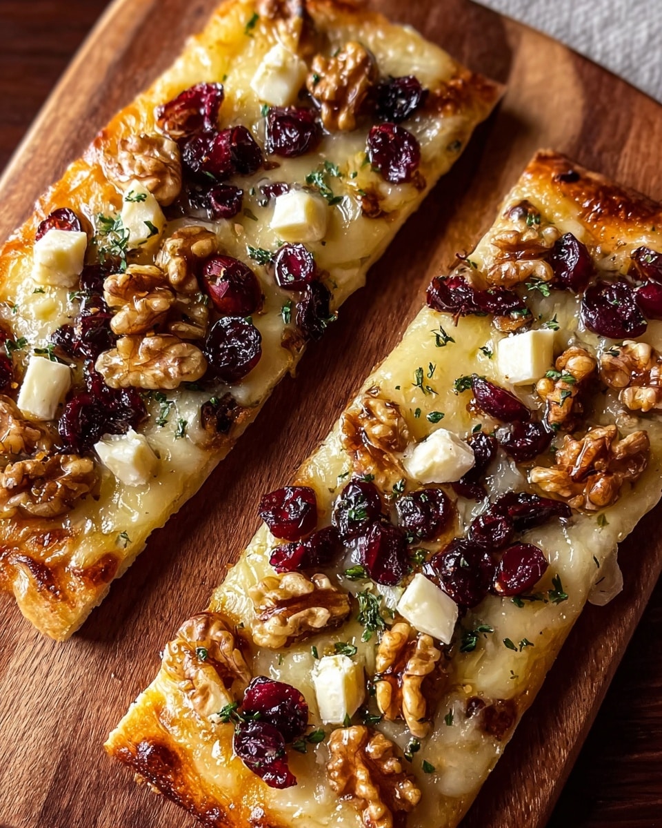 Two rectangular slices of flatbread pizza rest on a wooden board. The base layer is a golden, crispy crust with a slightly bubbly texture. On top lies a light, melted cheese layer that shines with a slight gloss. Scattered on the cheese are medium-sized walnut halves, dark red dried cranberries, and small white cubes of soft cheese. Tiny green herb leaves are sprinkled throughout, and the whole pizza is lightly drizzled with amber honey, giving it a shiny finish. The wooden board and the close-up shot create a warm and inviting feel. Photo taken with an iphone --ar 4:5 --v 7