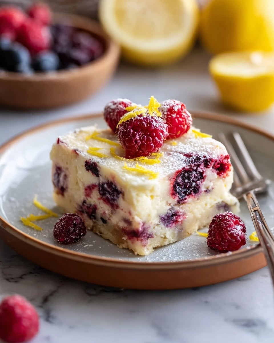 A square piece of creamy white dessert with a soft, slightly textured top layer speckled with red and dark purple berry spots, sits center on a white plate with a light brown rim. The dessert has visible layers with berries embedded inside, and the top is decorated with fresh red raspberries, small yellow lemon zest strands, and a light dusting of powdered sugar. A fork rests on the side of the plate. The background shows a blurred lemon and more berries on a white marbled surface. Photo taken with an iphone --ar 4:5 --v 7