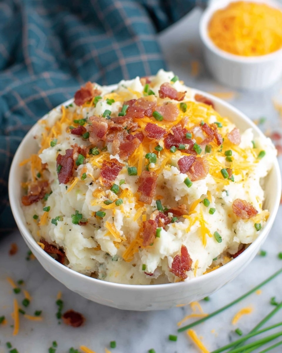 A bowl filled with a creamy mixture that looks like mashed potatoes as the first layer, which is white and fluffy. Scattered on top are small pieces of crispy bacon in reddish-brown color and chopped green chives, adding a fresh look. Thin, shredded cheddar cheese with a bright orange color is sprinkled over the top in an uneven layer, mixing with the bacon and chives. The bowl is white and rests on a white marbled surface with some green chives scattered around. In the background, there is another small white bowl blurred out, filled with more shredded cheddar cheese. Photo taken with an iphone --ar 4:5 --v 7