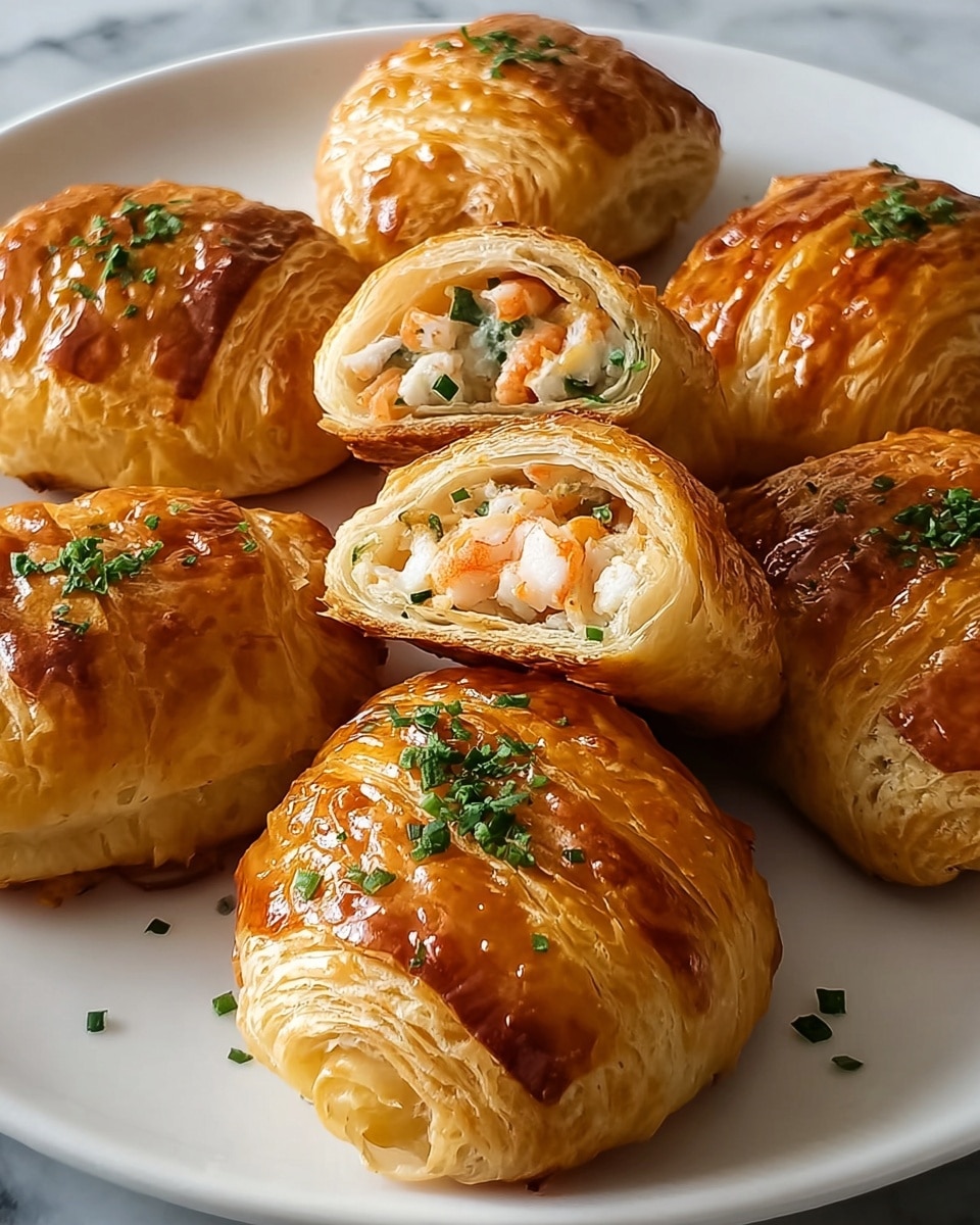 The image shows six golden brown puff pastries on a white plate, each with multiple crispy layers visible on the surface. One pastry in the center is cut open, revealing a filling made of small white and orange pieces, likely seafood and vegetables, with green herbs mixed inside. The pastries have a shiny, slightly oily texture on top and are sprinkled lightly with chopped green herbs. The background is a white marbled surface. photo taken with an iphone --ar 4:5 --v 7