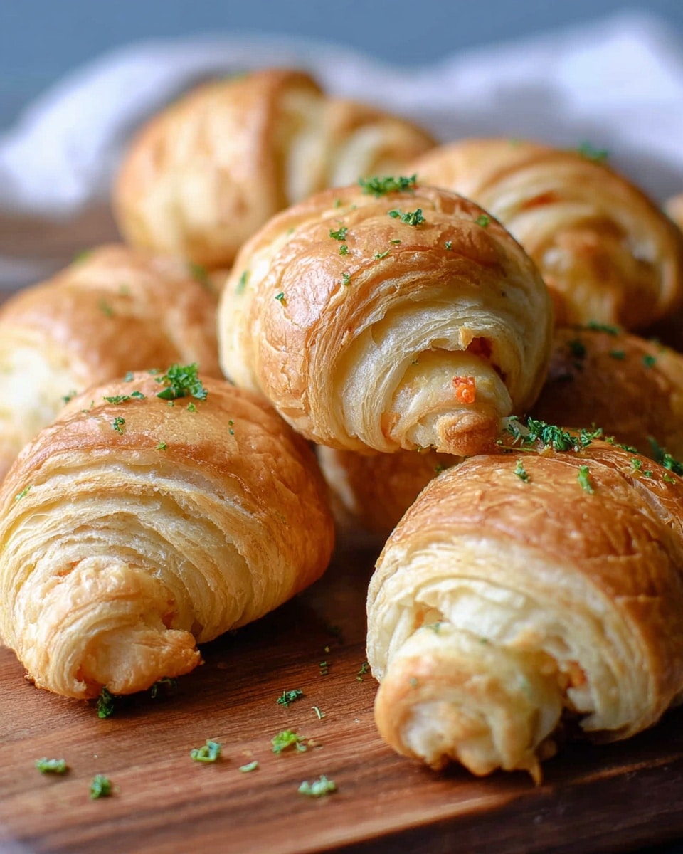 The image shows several golden brown, flaky croissant rolls placed closely together on a wooden surface. Each croissant has multiple layers of thin, crisp dough visible, wrapping tightly around a filling that peeks slightly at the ends. There are small green herb sprinkles scattered on top and around the croissants, adding a touch of color to the warm tones. The background has a soft blue shade with a clear focus on the croissants in the foreground, emphasizing their texture and layers clearly. photo taken with an iphone --ar 4:5 --v 7