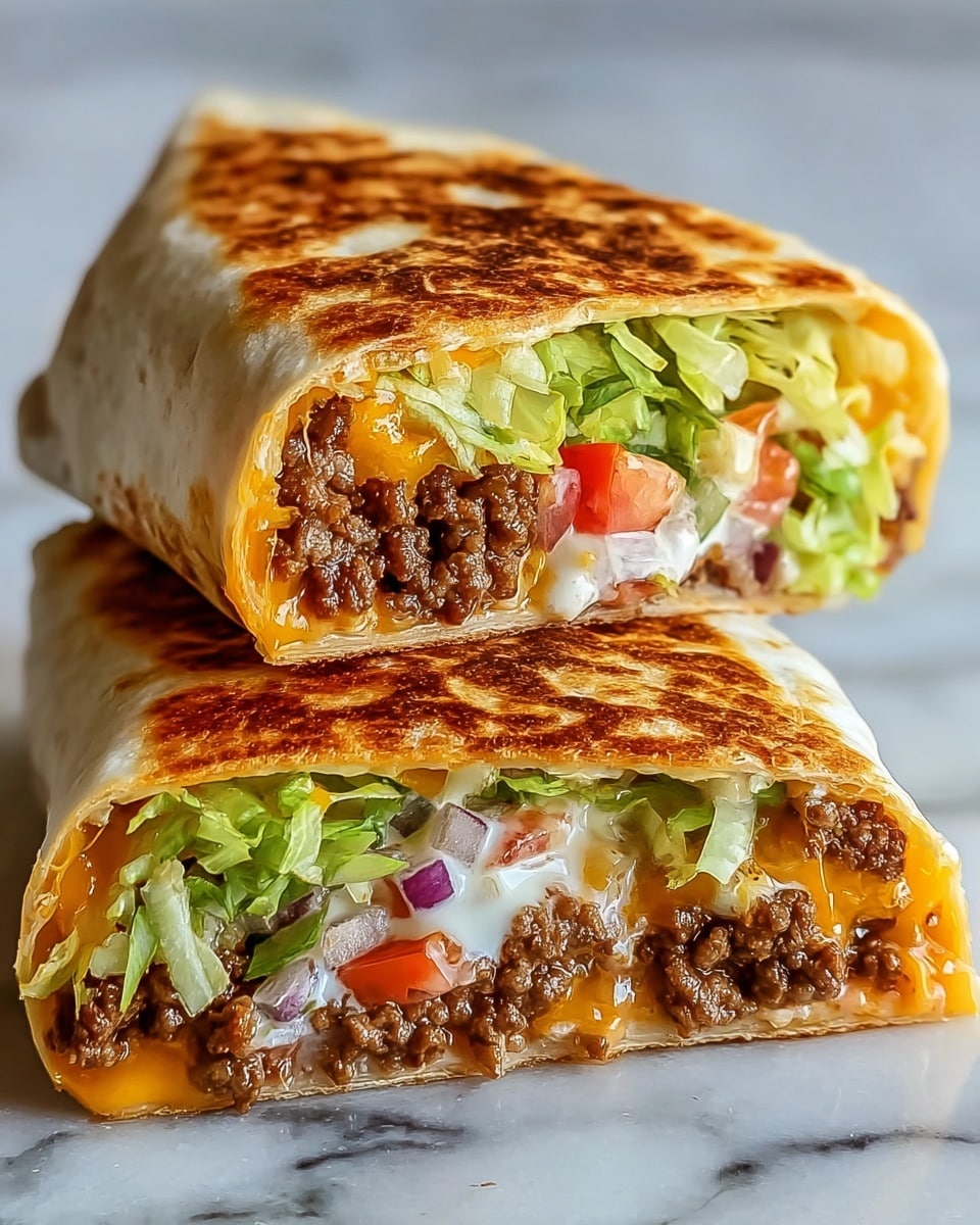 A toasted wrap cut in half and stacked with the top half slightly leaning, showing multiple layers inside: a crispy, golden-brown outer tortilla, beneath it a layer of shredded green lettuce, bright red tomato pieces, finely minced brown ground beef, melted cheddar cheese with an orange hue, creamy white sauce spread throughout, and bits of diced onion. The wrap is placed on a white marbled surface. photo taken with an iphone --ar 4:5 --v 7
