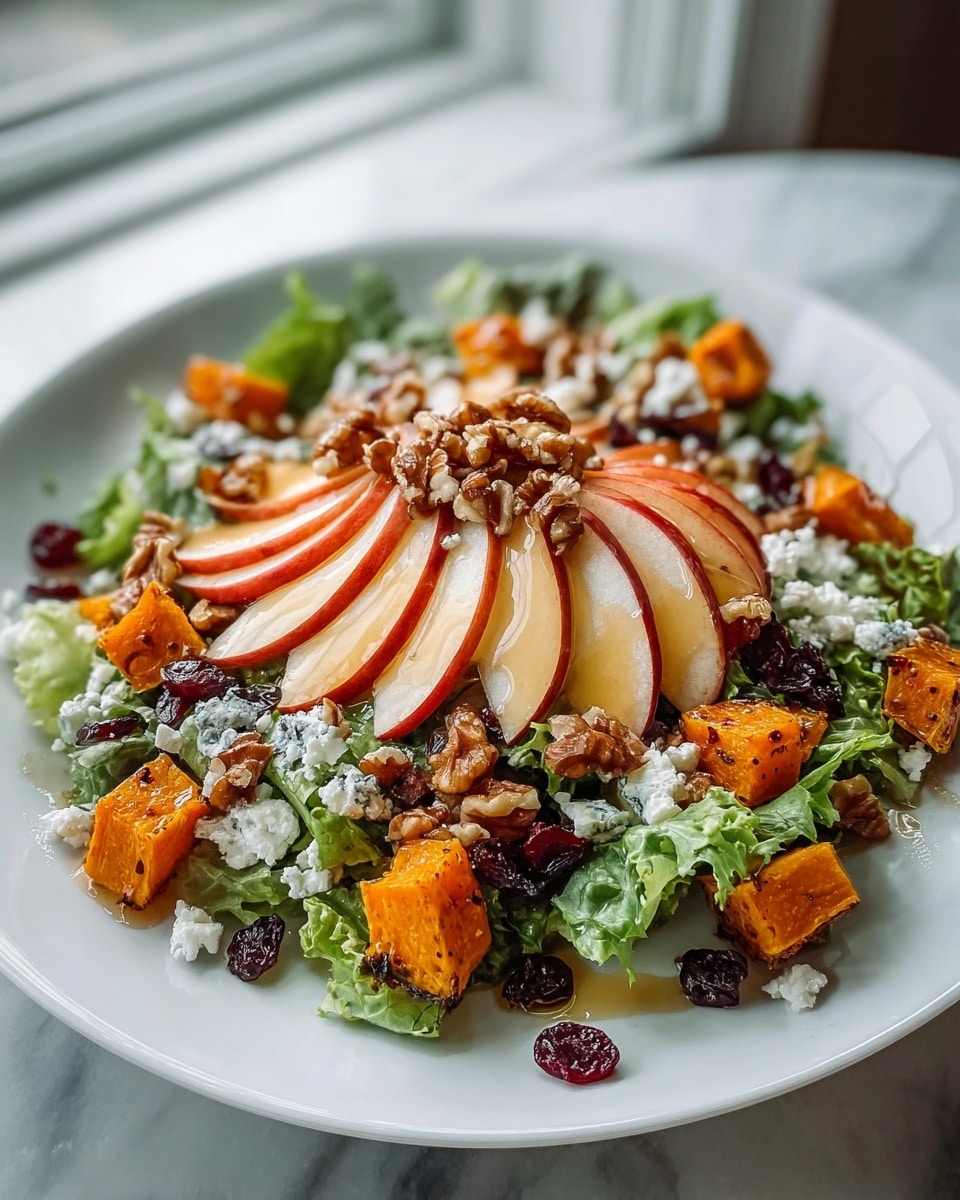A white plate holds a fresh salad with visible three main layers: the base layer is bright green leafy lettuce covering the plate, the middle layer has orange-brown roasted squash cubes scattered around, along with dried dark red cranberries. The top layer features thin, curved slices of red and white apple fanned out in the center, sprinkled with small white crumbles of cheese and medium brown walnuts. Everything is lightly drizzled with a glossy golden dressing. The plate is set on a white marbled surface near a window, giving natural light to the colors. photo taken with an iphone --ar 4:5 --v 7