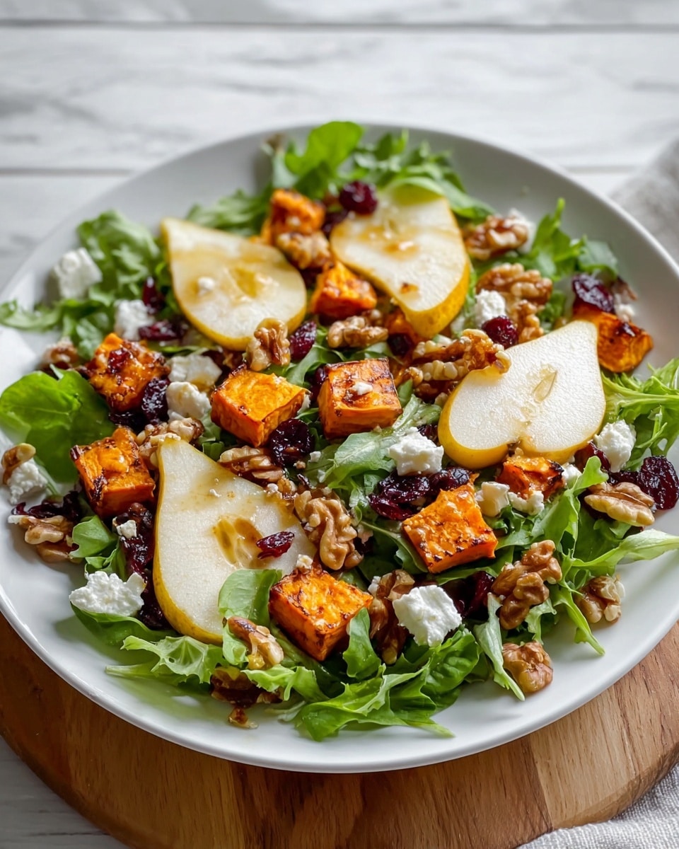 A fresh salad is shown in a white plate with green leafy lettuce serving as the base layer, crisp and vibrant. On top of the lettuce are thin slices of light yellow pear arranged in a scattered manner. Bright orange roasted sweet potato cubes are layered over the pears, their edges slightly charred for a caramelized look. Small clumps of white creamy goat cheese are scattered evenly across the salad along with dark red dried cranberries adding a pop of color. Finally, light brown walnut halves are sprinkled generously, adding texture to the dish. The salad is lightly drizzled with honey visible on the pear slices. The plate is set on a wooden surface with a soft white marbled texture in the background. photo taken with an iphone --ar 4:5 --v 7