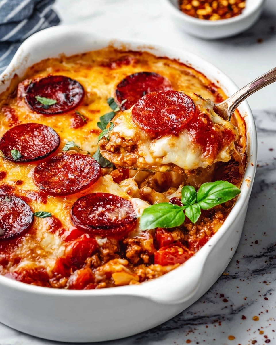 A white oval dish holds a baked pepperoni casserole with three visible layers: the bottom layer is chunky with cooked ground meat mixed with diced tomatoes and herbs in a rich red sauce; the middle layer is melted golden cheese with slightly browned spots; the top layer has glossy, dark red pepperoni slices slightly curled at the edges. A spoon scoops some casserole from the left side, showing the layers inside. Fresh green basil leaves garnish the top right area of the dish. The dish sits on a white marbled surface with a small white bowl of crushed red pepper flakes blurred in the background. Photo taken with an iphone --ar 4:5 --v 7