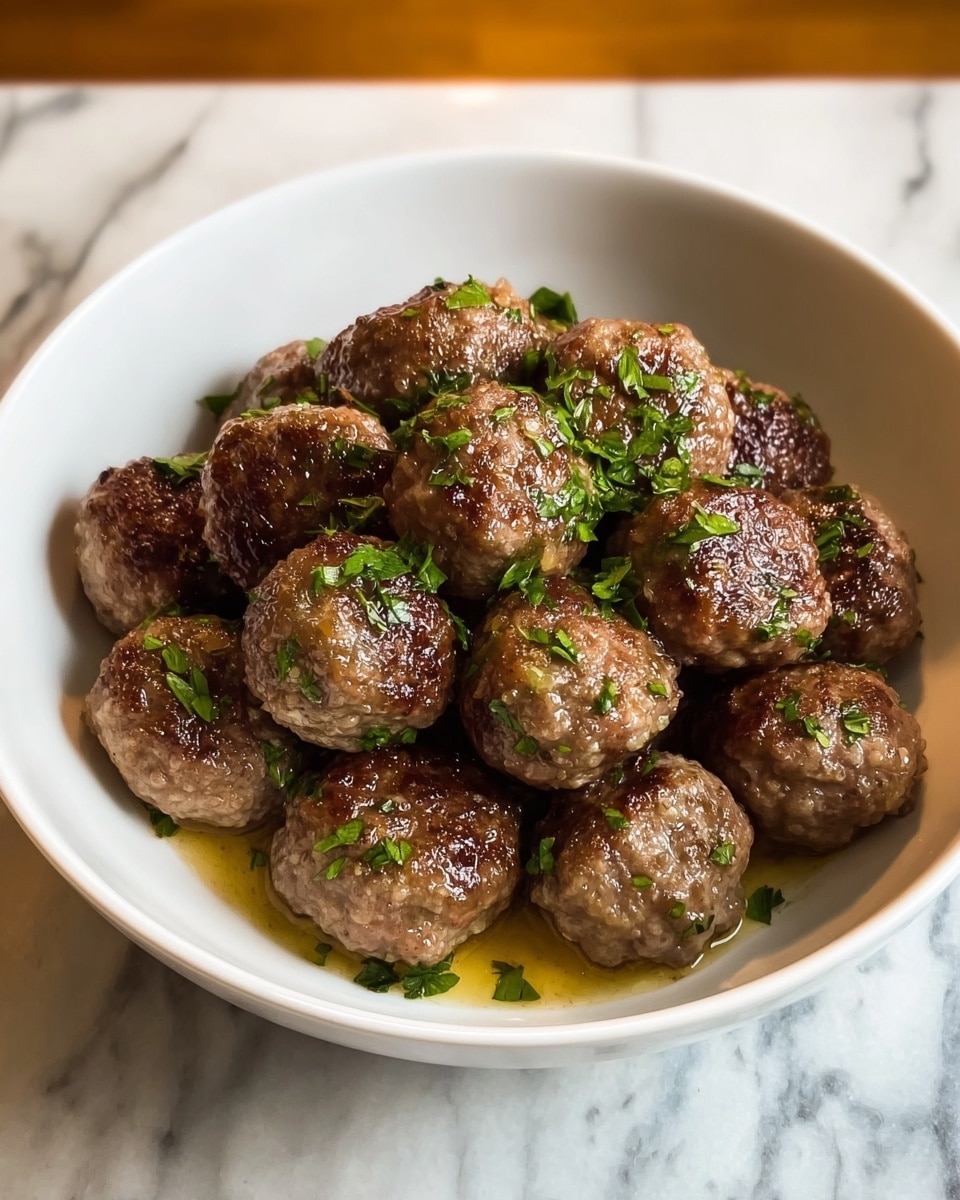 A white bowl filled with about sixteen cooked meatballs, each having a brown, slightly shiny surface with a juicy texture. The meatballs are arranged in a small pile, and bits of chopped green herbs are sprinkled over them, adding a fresh contrast in color. There is a small pool of light grease or sauce at the bottom of the bowl. The bowl sits on a surface with a white marbled texture. photo taken with an iphone --ar 4:5 --v 7
