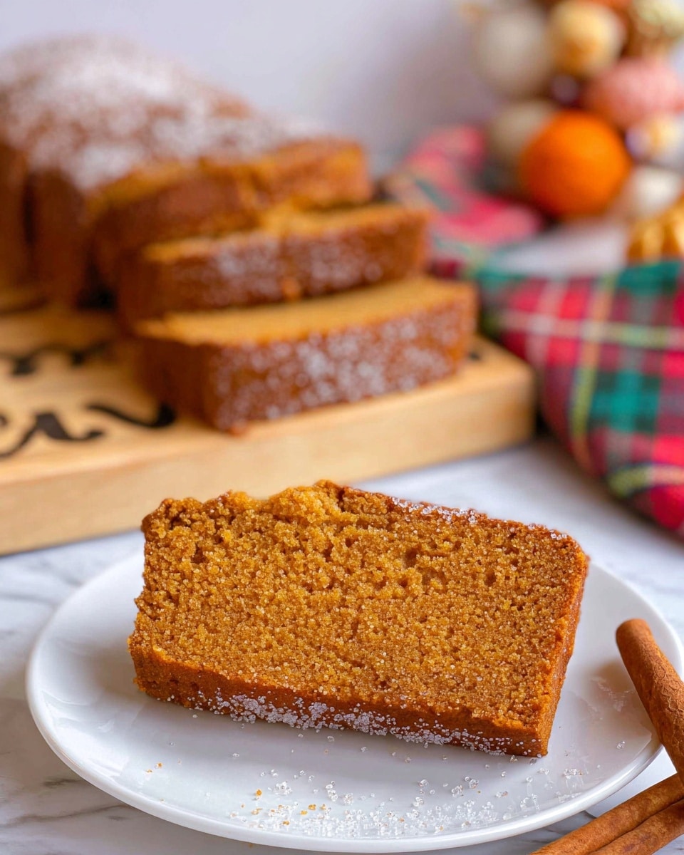 The image shows a slice of moist brown cake with a slightly crumbly texture, placed on a white plate with tiny sugar crystals sprinkled on top. In the background, there are several more rectangular slices of the same cake stacked on a wooden board with faint lettering visible. The cake has a golden-brown crust and a dense, soft interior. To the right of the plate, two cinnamon sticks rest on a white marbled surface, and a blurred, colorful plaid cloth and decorative object can be seen further behind. photo taken with an iphone --ar 4:5 --v 7