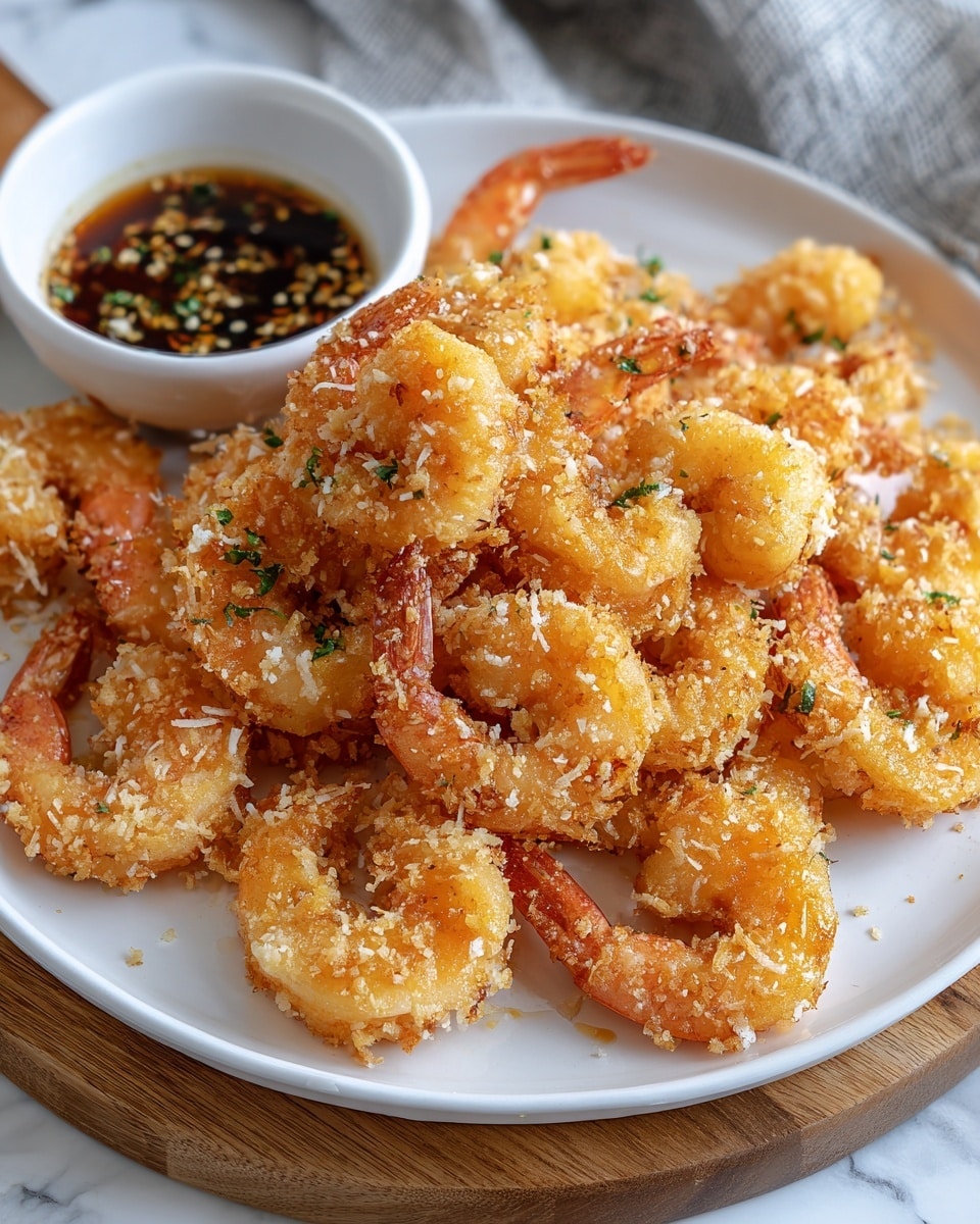 A white tray lined with white paper holds many golden-brown fried shrimp arranged around a small round bowl of reddish-brown dipping sauce with visible herbs and spices. The shrimp are crispy with a textured coating and their orange tails are visible. Three bright green lime wedges are placed around the shrimp on the tray, and some lime slices and shrimp pieces are scattered on a white marbled surface surrounding the tray. There is some fresh green cilantro in the top left corner. photo taken with an iphone --ar 4:5 --v 7