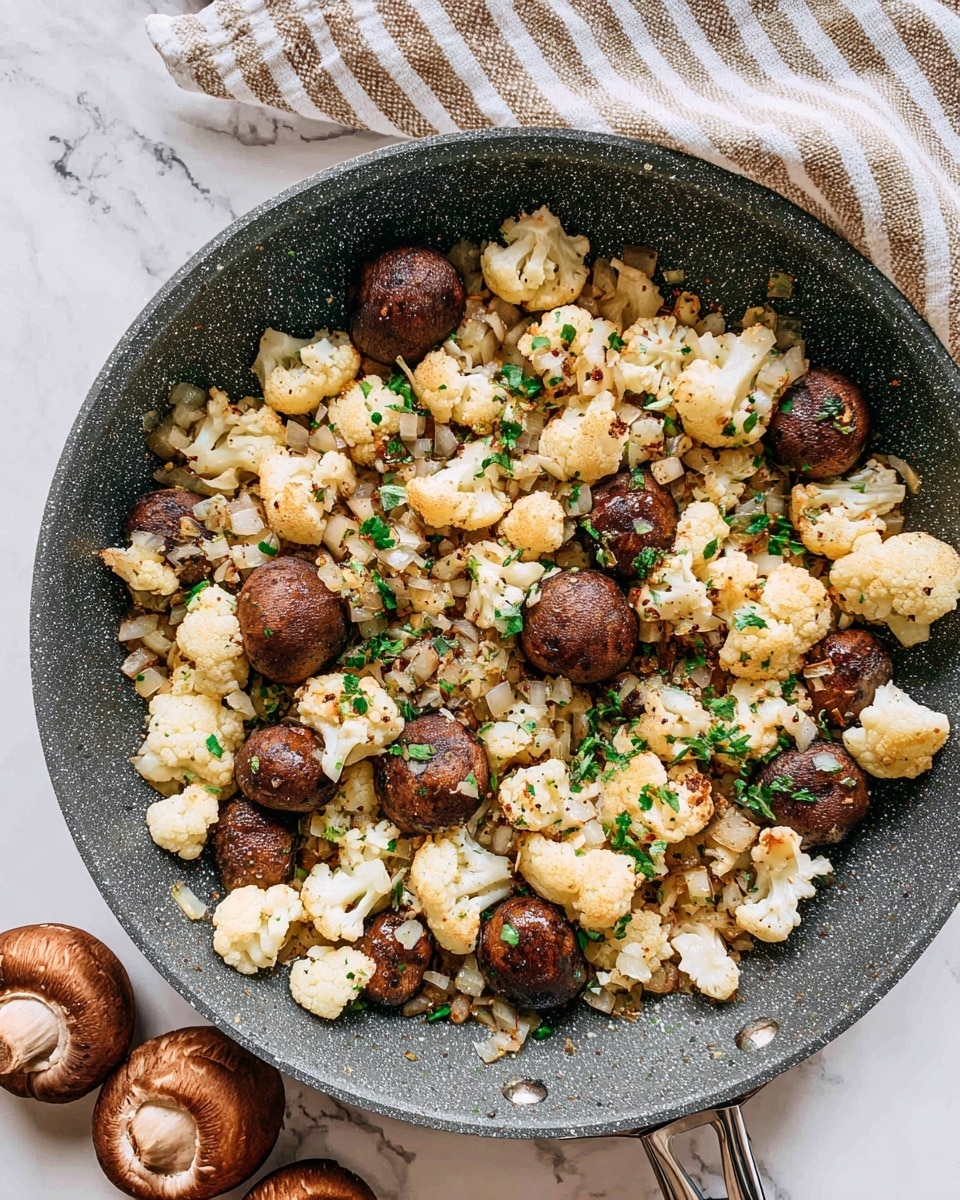 The image shows a white plate with a light golden swirl pattern filled with a mix of cooked cauliflower florets and whole brown mushrooms. The cauliflower pieces are mostly off-white with some light browning, while the mushrooms have a deep brown color with a slight glossy texture. The dish is garnished with green chopped herbs sprinkled evenly on top, along with small bits of red chili flakes adding a touch of color. A silver fork rests on the right side of the plate. The plate is placed on a white marbled surface with some green herb pieces scattered around, and a small white cloth with light brown stripes is partially visible at the top right corner. photo taken with an iphone --ar 4:5 --v 7