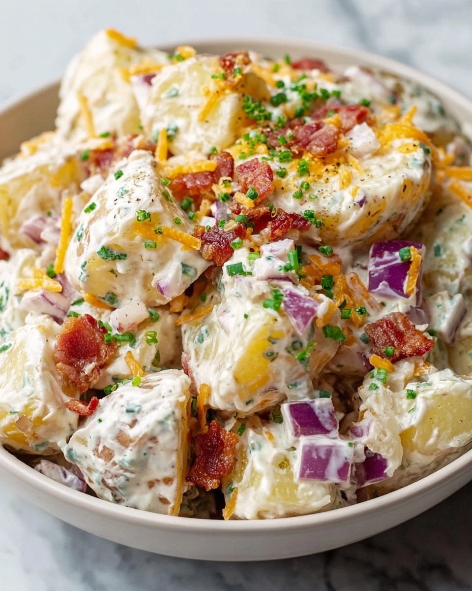 The image shows a close-up of a bowl filled with creamy potato salad. The dish has about three main layers: large chunks of pale yellow potatoes coated thickly in a white, creamy dressing with small green herb pieces spread throughout. Mixed within the potatoes are bits of crispy, reddish-brown bacon and small chunks of purple-red onion, adding texture and color contrast. Shredded orange cheese pieces peek through the creamy dressing, and finely chopped green herbs are sprinkled on top for a fresh look. The bowl is white ceramic, sitting on a white marbled surface. photo taken with an iphone --ar 4:5 --v 7