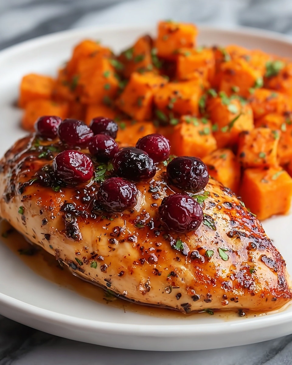 A white plate holds a single grilled chicken breast covered with a shiny glaze, speckled with black pepper and garnished with several dark red cranberries evenly scattered on top, giving a rich and juicy look. Behind the chicken, there is a layer of cubed sweet potatoes cooked to a soft orange color, showing a slightly glossy surface and sprinkled with finely chopped green herbs. The background is a white marbled texture that highlights the colors of the food. The image captures the dish closely, showing the textures of the grilled meat and the tender vegetable cubes clearly, photo taken with an iphone --ar 4:5 --v 7