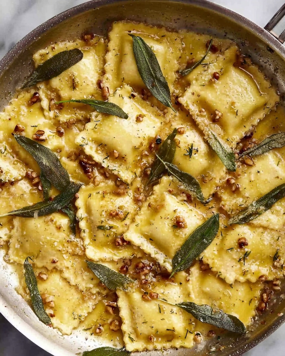 The image shows a close-up of ravioli pasta cooked in a stainless steel pan. The ravioli pieces are light yellow, square-shaped with ridged edges, and are scattered across the pan's surface in one even layer. They are covered in melted butter sauce that gives a shiny, golden brown color on some edges. The sauce is dotted with small toasted nut pieces that add texture and brownish color. Whole sage leaves, deep green and slightly crispy, are spread out evenly on top and among the ravioli, adding a fresh contrast. The overall look is warm, rustic, and appetizing. The background is a white marbled texture. photo taken with an iphone --ar 4:5 --v 7