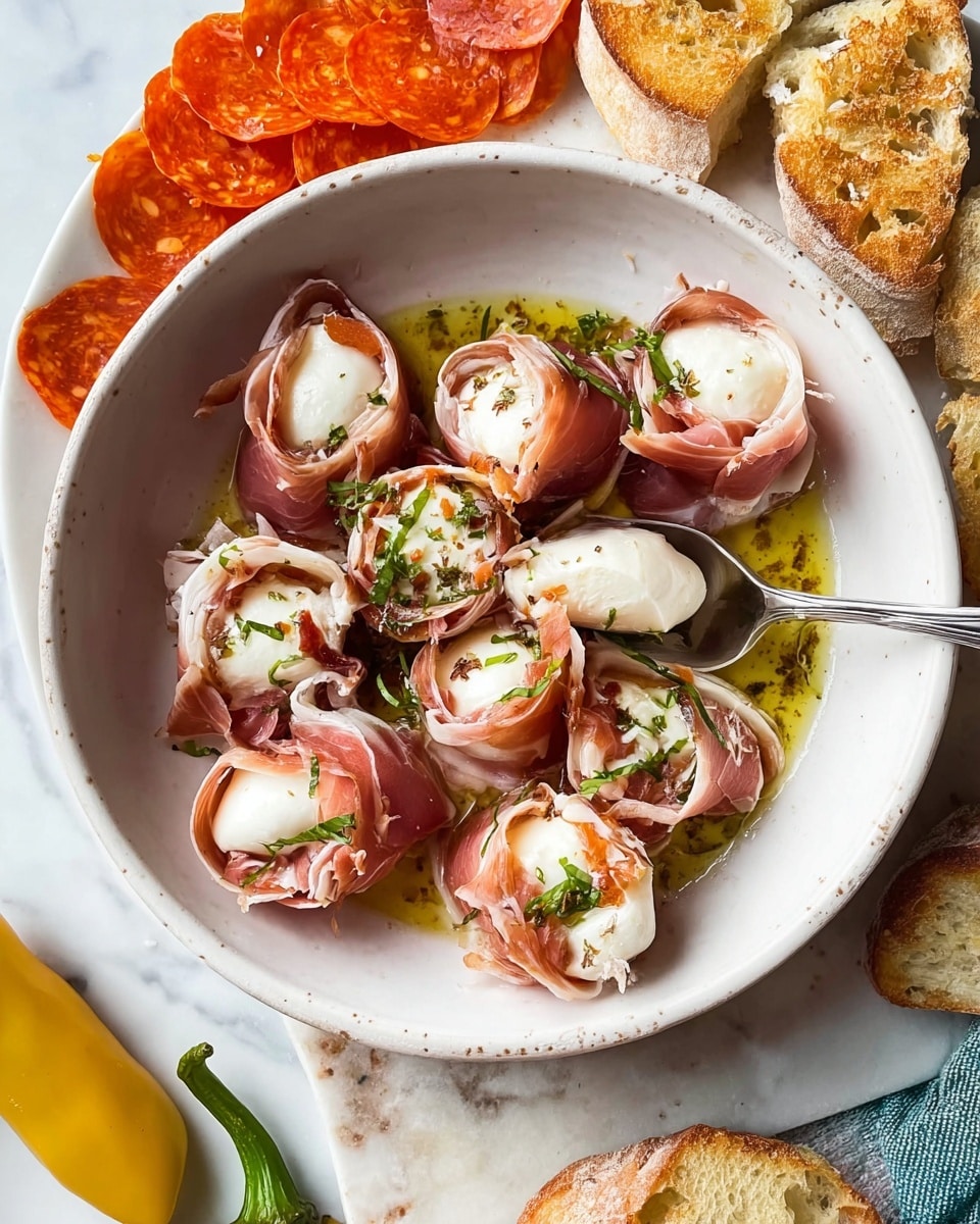 The dish shows a white shallow bowl filled with about ten small rolled slices of thin, pinkish-brown prosciutto wrapped around soft white cheese, likely mozzarella, with a sprinkling of chopped green herbs on top and a light drizzle of oil at the bottom. A silver fork rests inside the bowl, partially submerged in the oil. Around the bowl on a white marbled surface are light golden toasted round bread slices and a few thin, folded bright orange slices of pepperoni. At the bottom of the image, a yellow-green pepper is partially visible. Photo taken with an iphone --ar 4:5 --v 7