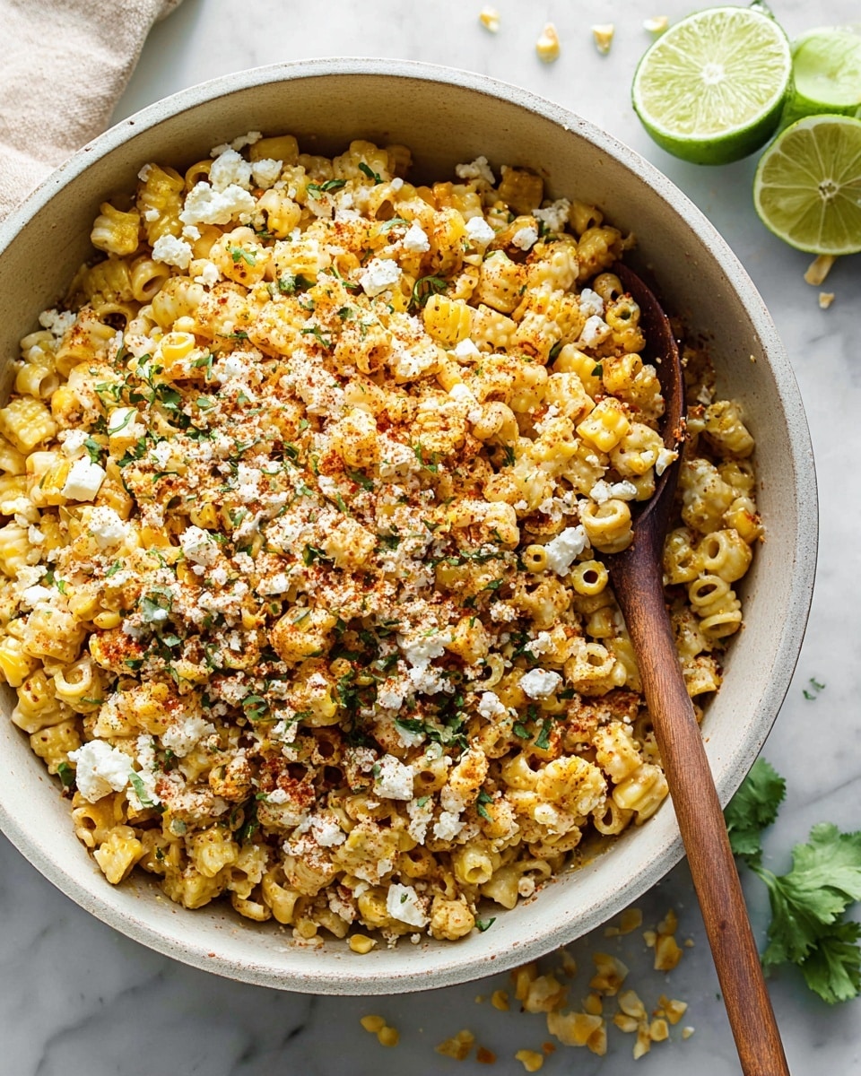 A large white bowl filled with a creamy mixture of small yellow pasta tubes and roasted corn kernels, topped with white crumbly cheese, green herb bits, and red chili powder, garnished with bright green lime wedges on the side. A wooden spoon rests inside the bowl, partly buried in the mixture. The bowl sits on a white marbled surface with small scattered pieces of cheese and herbs around it. Photo taken with an iphone --ar 4:5 --v 7