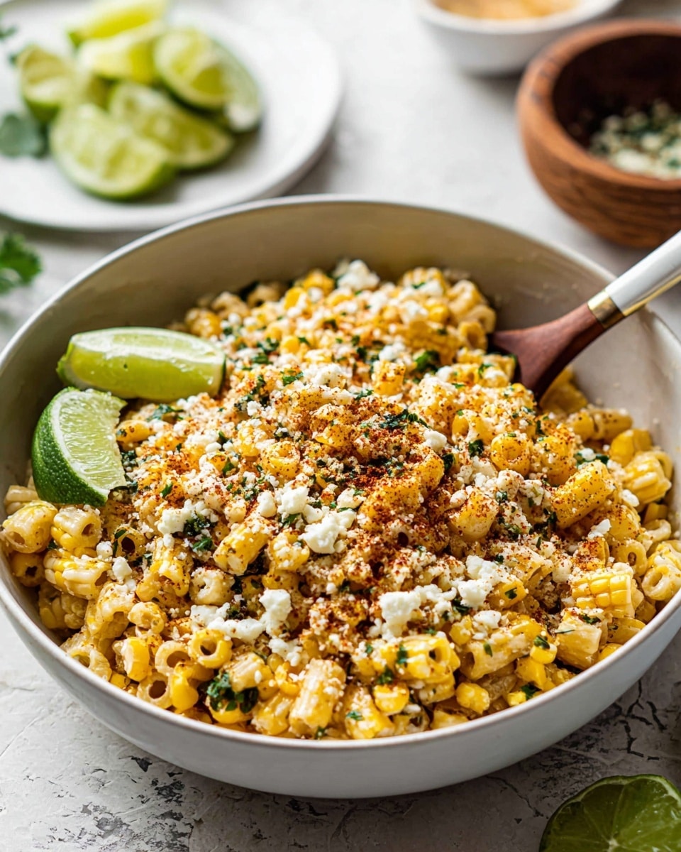 A white bowl filled with a layered dish of small pasta tubes mixed with yellow grilled corn kernels, topped with white crumbled cheese, green herb pieces scattered around, and dusted with red spices. Two green lime wedges rest on top for garnish. A wooden spoon with a white handle is resting inside the bowl. In the background, a white marbled textured surface is visible along with a white plate holding more lime wedges and blurred bowls containing sauces. photo taken with an iphone --ar 4:5 --v 7