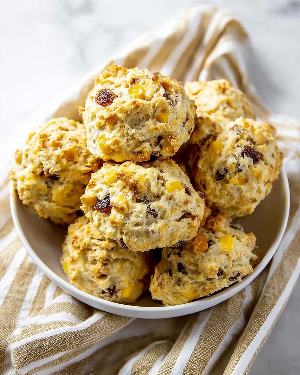 A white bowl filled with round, rough-textured scones that have a crumbly golden brown top layer mixed with bits of yellow corn and dark raisins visible throughout. The scones are piled up in a small mound, resting on a white marbled surface with a beige and white striped cloth casually placed underneath the bowl. The light highlights the uneven, chunky surface of the scones, showing their soft, dense texture inside. photo taken with an iphone --ar 4:5 --v 7
