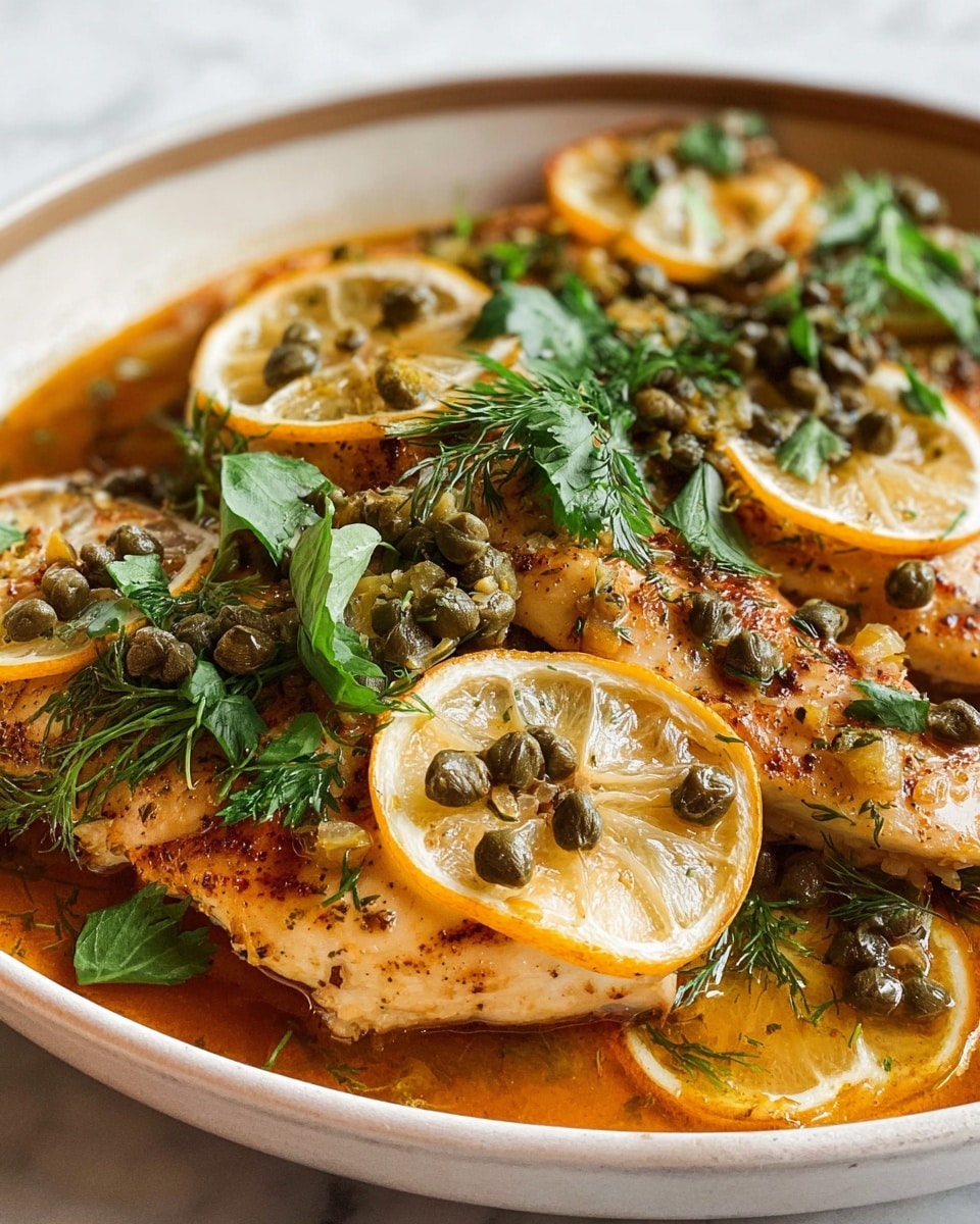The dish shows a white round plate filled with cooked chicken breasts as the base layer, with a light brown color and juicy texture visible. On top, there are thin slices of caramelized lemon rings that are yellow with a slightly browned edge, scattered across the chicken. Many small dark green capers are spread over the lemons and chicken, mixed with sliced garlic that looks light tan and soft. Fresh green parsley leaves and dill sprigs add a bright green color, placed on top and around the chicken. The whole dish is soaked in a glossy, orange-brown sauce, giving it a rich, wet look. The photo is taken close-up, showing many small details of the food, all on a white marbled surface. photo taken with an iphone --ar 4:5 --v 7
