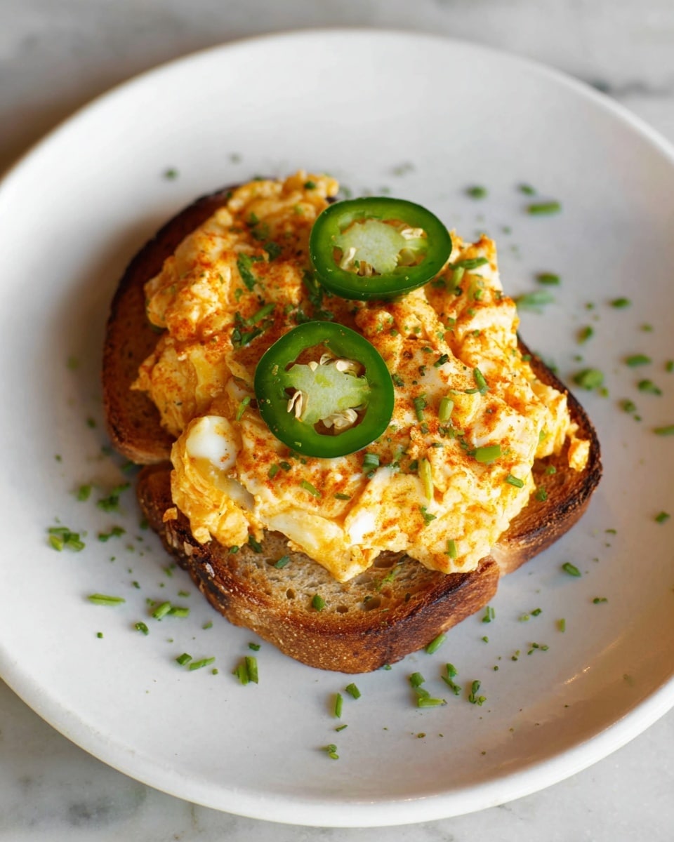The dish shows one slice of toasted bread at the bottom with a light brown, slightly crispy texture. On top of the bread is a thick, uneven layer of golden-brown scrambled eggs mixed with bits of white, likely cheese or egg whites, with a cooked, slightly rough surface. Three thin, vibrant green jalapeño rings are placed on top of the eggs, adding a fresh, smooth contrast. Small chopped green herbs are sprinkled both on the eggs and around the white plate, adding a touch of green color. The plate sits on a white marbled surface. photo taken with an iphone --ar 4:5 --v 7