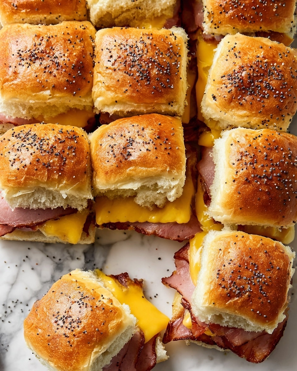 A group of nine square slider sandwiches arranged closely together on a white marbled surface, each sandwich topped with shiny golden-brown buns sprinkled evenly with small black poppy seeds. Inside each slider, visible layers include a bright yellow melted cheese layer at the bottom, followed by folded, browned ham with a slightly crispy texture, layered under each bun. One slider is separated partially from the group, showing cheese oozing out slightly and the ham overlapping the edges of the bun. The buns have a soft, fluffy texture with a light crust. photo taken with an iphone --ar 4:5 --v 7