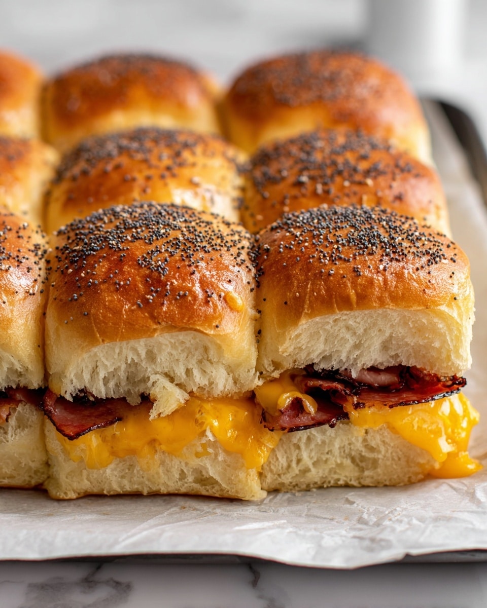 A close-up view of a sandwich made of nine golden brown soft buns topped with black poppy seeds, arranged in a 3x3 grid. The buns have a light, fluffy texture with a slight sheen on top. Between the top and bottom buns, there is a layer of bright orange melted cheddar cheese oozing out slightly and a layer of dark reddish-brown slices of cooked meat peeking from the sides. The sandwich rests on white parchment paper on a white marbled surface. The photo is sharp and softly lit, showing texture details clearly. photo taken with an iphone --ar 4:5 --v 7