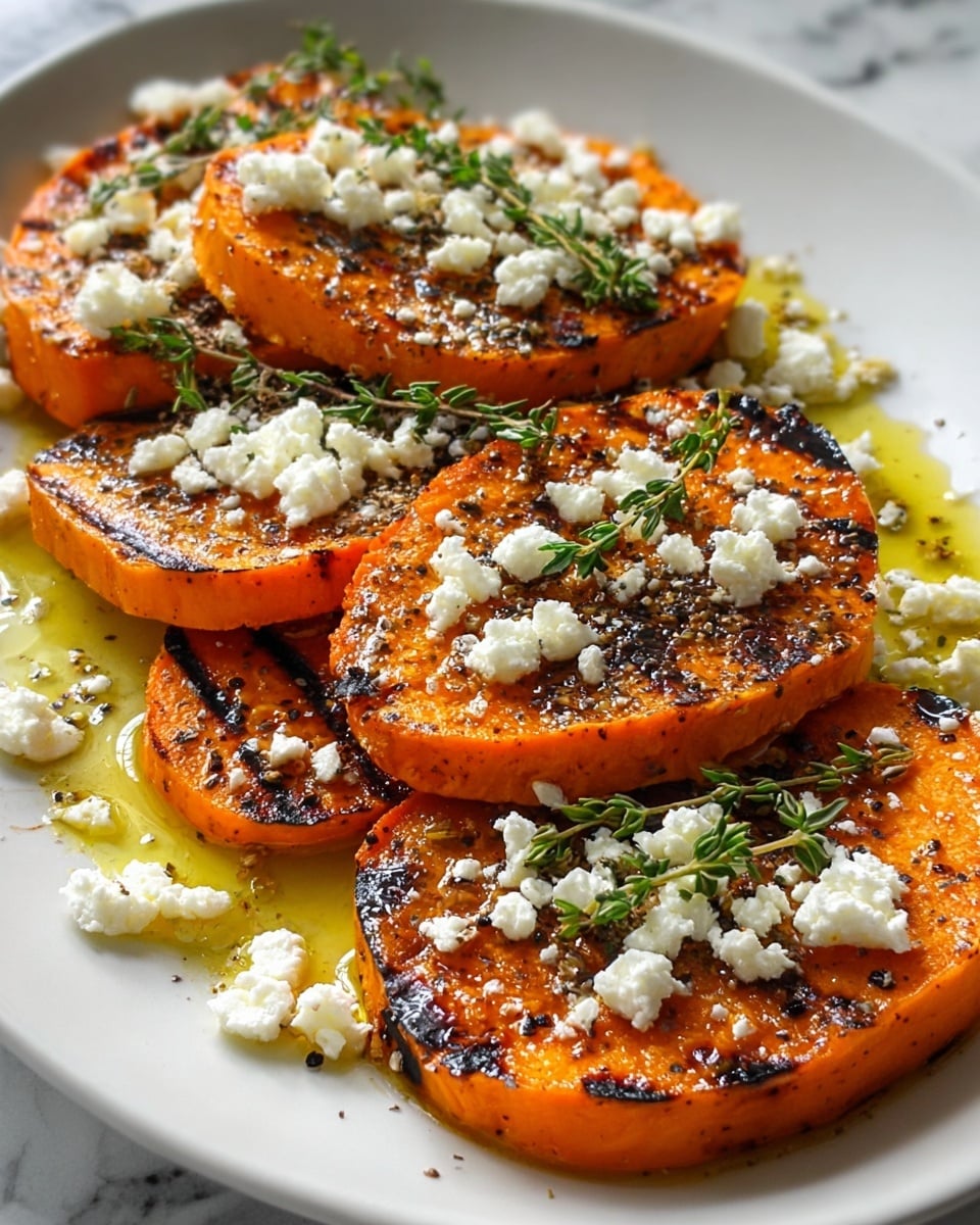 The image shows five grilled orange sweet potato slices arranged overlapping on a white plate. Each slice has grill marks and a slightly charred texture. They are topped with scattered white crumbled cheese and fresh green herb sprigs, likely thyme, adding contrast in color and texture. A glossy golden oil with black pepper and seasoning is drizzled over the dish, creating a shiny and appetizing appearance. The background is a white marbled surface. photo taken with an iphone --ar 4:5 --v 7
