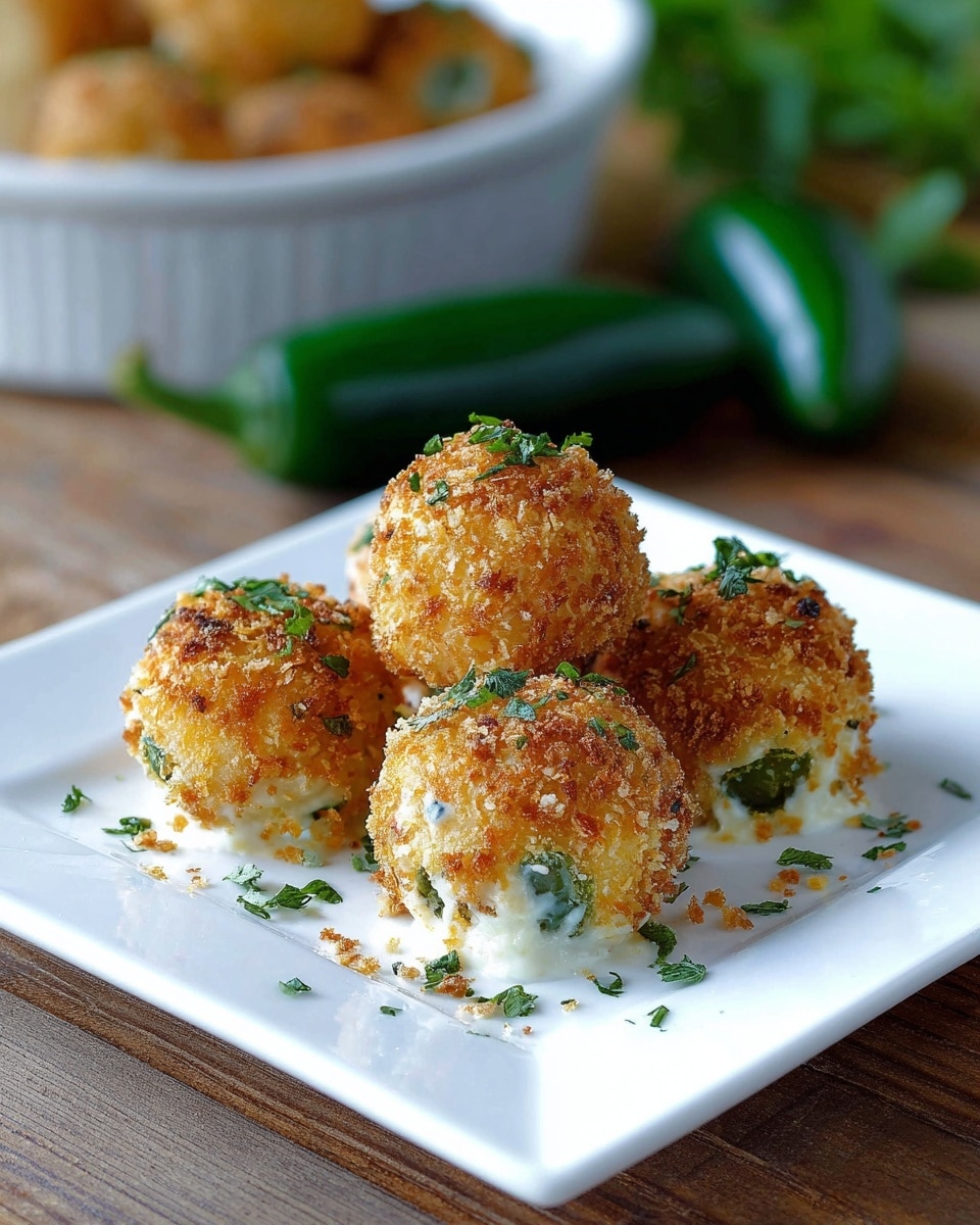 Five round, golden-brown crispy balls sit on a white square plate, each coated with crunchy panko breadcrumbs and garnished with small green herb pieces on top and around. The balls have visible green jalapeño slices peeking out at their bases, with a creamy white filling inside. In the background a white dish holds more of these fried balls, all placed on a wooden surface with a green jalapeño pepper nearby. Photo taken with an iphone --ar 4:5 --v 7