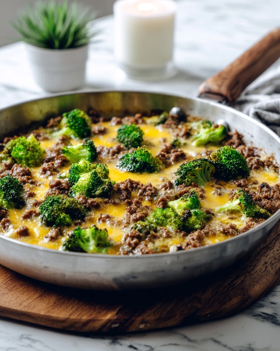 A close-up of a cooked dish in a round metal pan with a wooden handle, placed on a wooden board over a white marbled surface. The dish has three main layers: the bottom is browned ground meat, the middle is melted yellow cheese spread unevenly, and the top is bright green broccoli florets scattered across the surface. The broccoli shows slight charring on some edges. In the blurred background, there is a small white pot with a green plant and a white candle. photo taken with an iphone --ar 4:5 --v 7