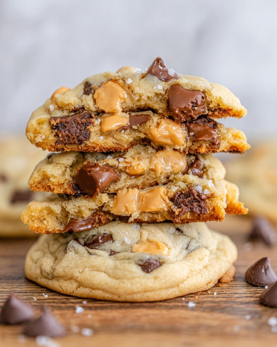 A stack of three thick cookies rests on a wooden surface, with the top cookie broken in half to reveal its soft, chewy inside. The cookies are golden brown with creamy-colored butterscotch chips and dark brown melted chocolate chips mixed throughout. The middle layer consists of the full cookie with visible butterscotch and chocolate chips embedded, while the top layer shows the broken cookie halves with gooey melted chocolate and butterscotch chips bursting from the inside. Small bits of salt crystals are sprinkled on top, adding texture and contrast. The background is a simple white marbled texture. photo taken with an iphone --ar 4:5 --v 7