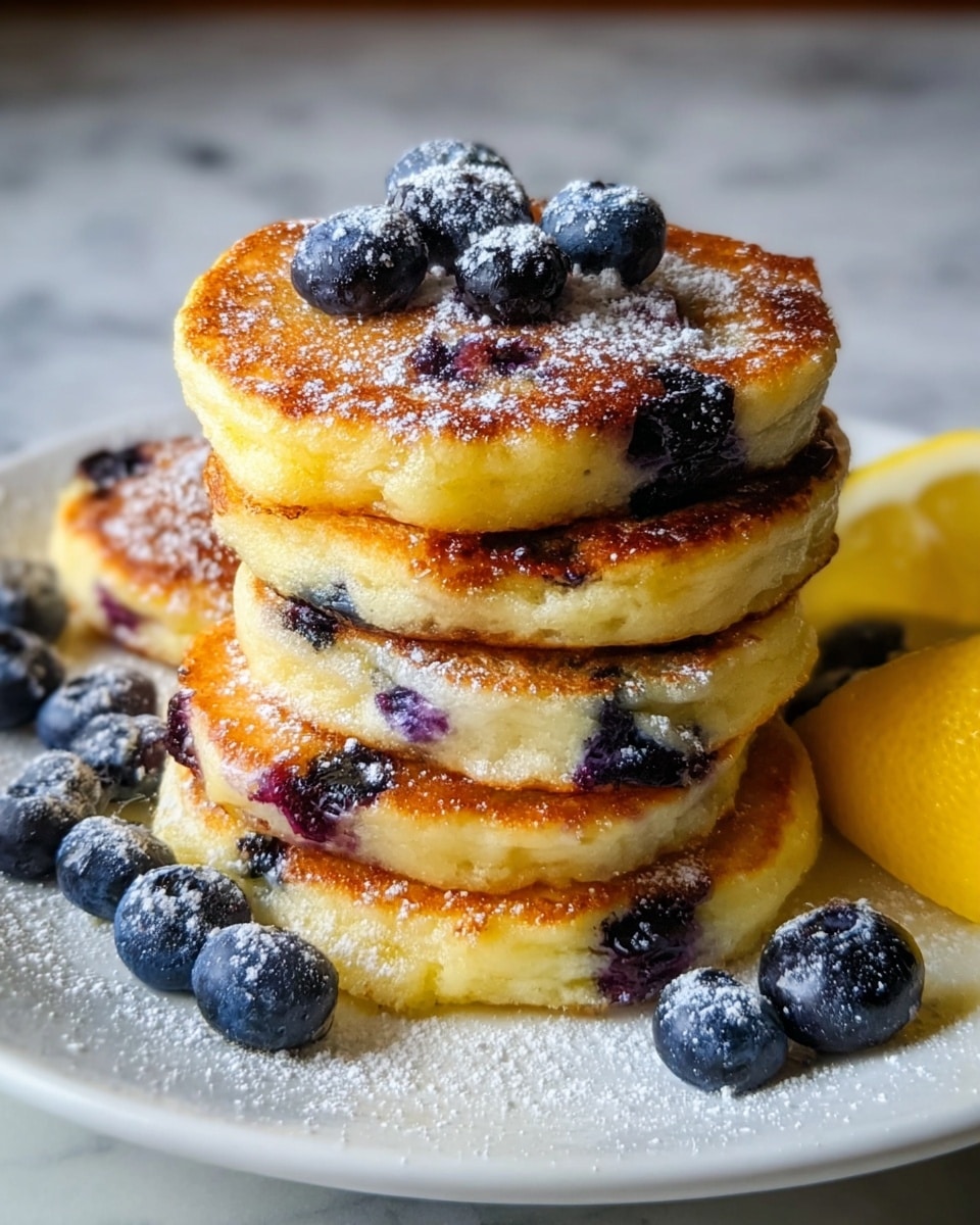 A stack of six thick, golden-brown blueberry pancakes arranged on a white plate, each pancake showing soft, fluffy texture with visible blueberries inside and on top. The pancakes have a light dusting of powdered sugar, and fresh plump blueberries are scattered on and around the stack. A bright yellow lemon wedge is placed at the back right side of the plate. The plate sits on a white marbled texture surface with soft natural lighting highlighting the warm colors of the pancakes. Photo taken with an iphone --ar 4:5 --v 7