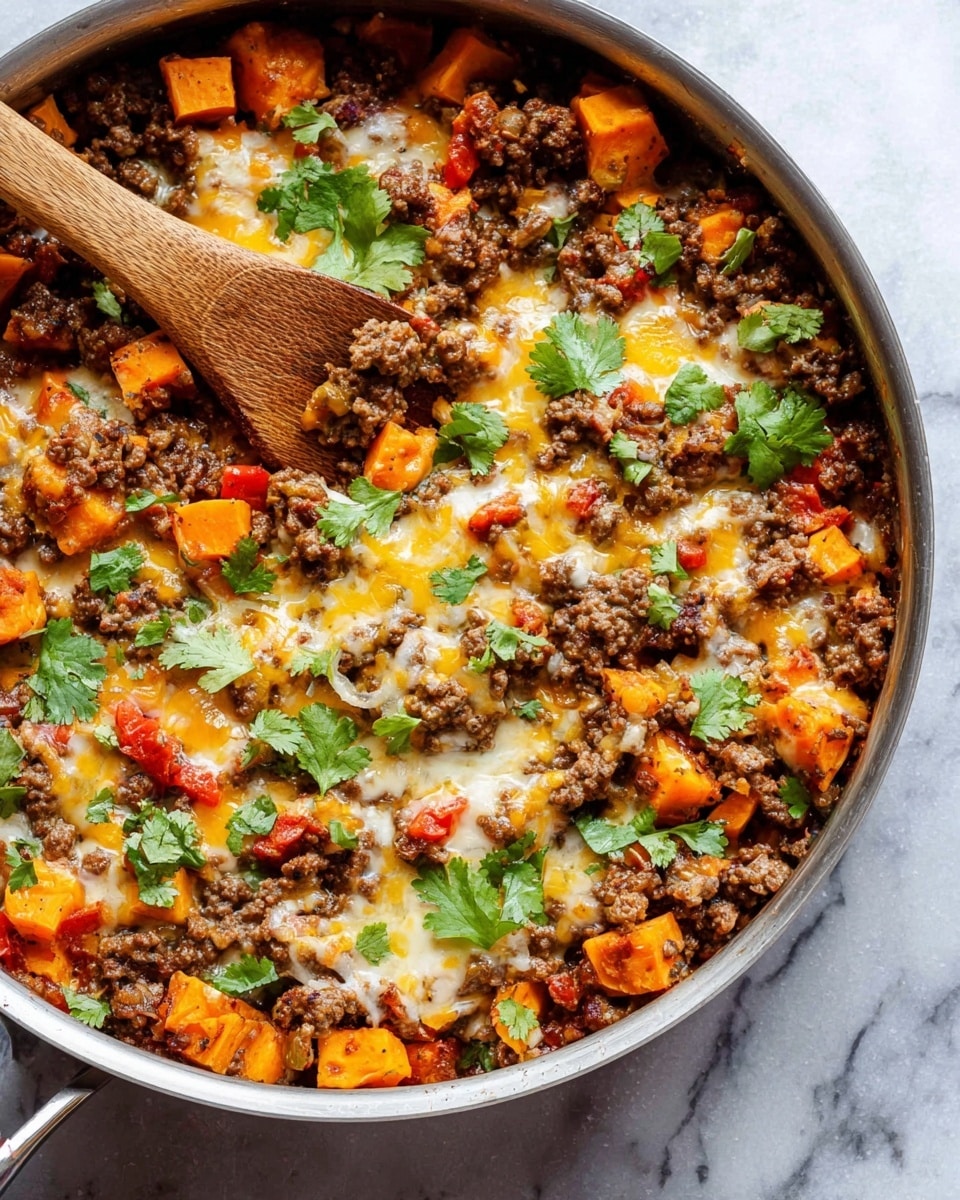 The image shows a close-up view of a single-layer dish in a dark pan, placed on a white marbled surface. The dish is made of small brown cooked ground meat mixed with bright orange cubes of cooked sweet potato, both evenly spread across the pan. Melted light yellow cheese is scattered on top, slightly covering the meat and sweet potato, with a few small green leaves sprinkled for garnish. The texture of the meat looks crumbly, the sweet potato pieces are soft and chunky, and the cheese appears gooey and melted. Photo taken with an iphone --ar 4:5 --v 7