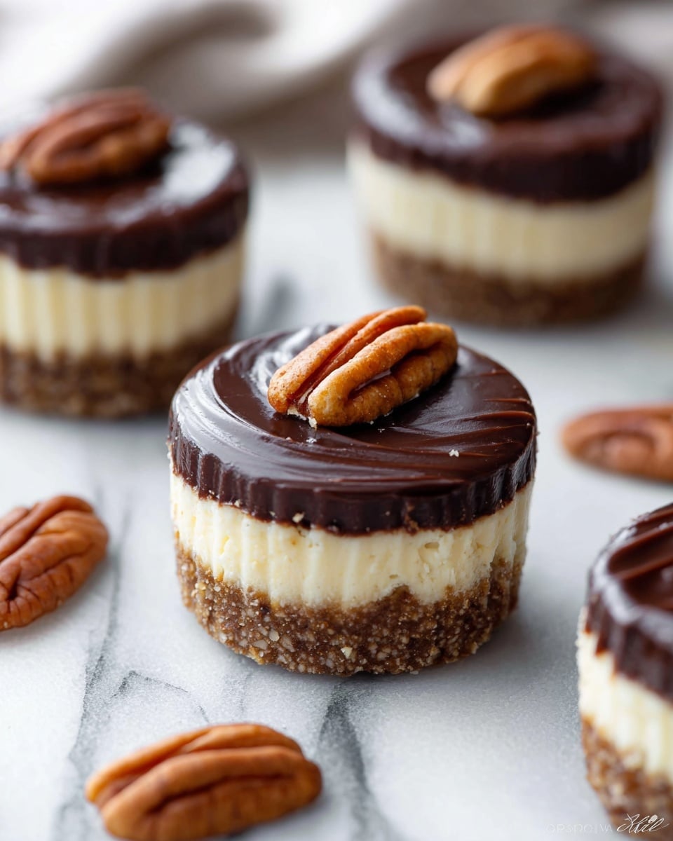 The image shows mini cheesecakes with three layers stacked evenly: a crumbly brown crust at the bottom, a creamy off-white cheesecake layer in the middle, and a smooth dark chocolate topping on top. Each cheesecake is decorated with a single whole pecan nut placed at the center on the chocolate layer. The cheesecakes are arranged on a surface with a white marbled texture and extra pecan nuts are scattered around them. The overall look is neat and inviting, focusing closely on one cheesecake in the foreground with others blurred in the background. photo taken with an iphone --ar 4:5 --v 7