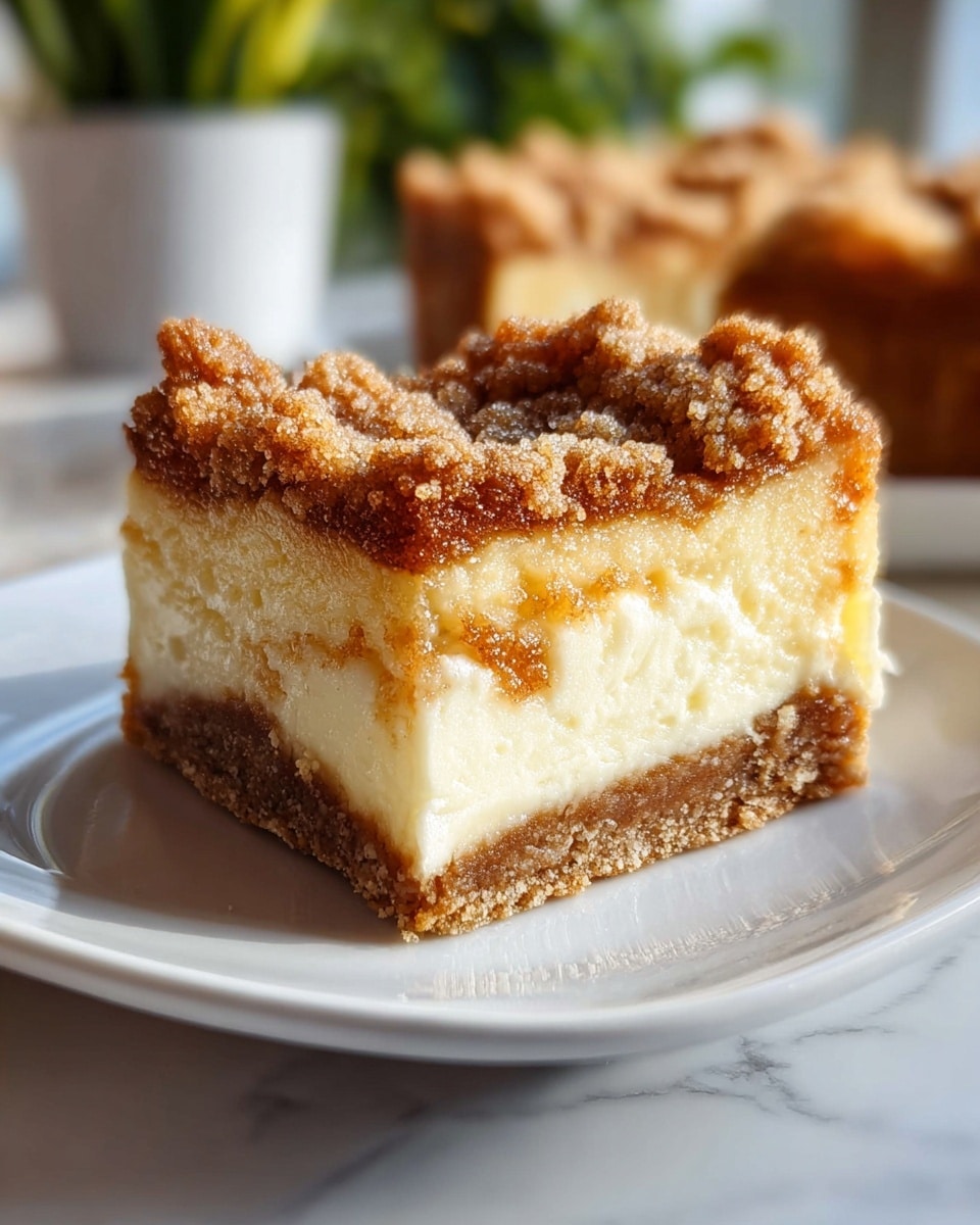 A close-up of a square dessert slice shows three main layers on a white plate set on a white marbled surface. The bottom layer is a firm, crumbly brown crust. The middle layer is a thick, creamy white filling with a smooth texture. The top layer is a crumbly, golden brown streusel with visible sugar crystals and a slightly uneven surface. In the background, the remaining dessert is slightly out of focus, sitting on a white plate, with green plants blurred further behind. Photo taken with an iphone --ar 4:5 --v 7