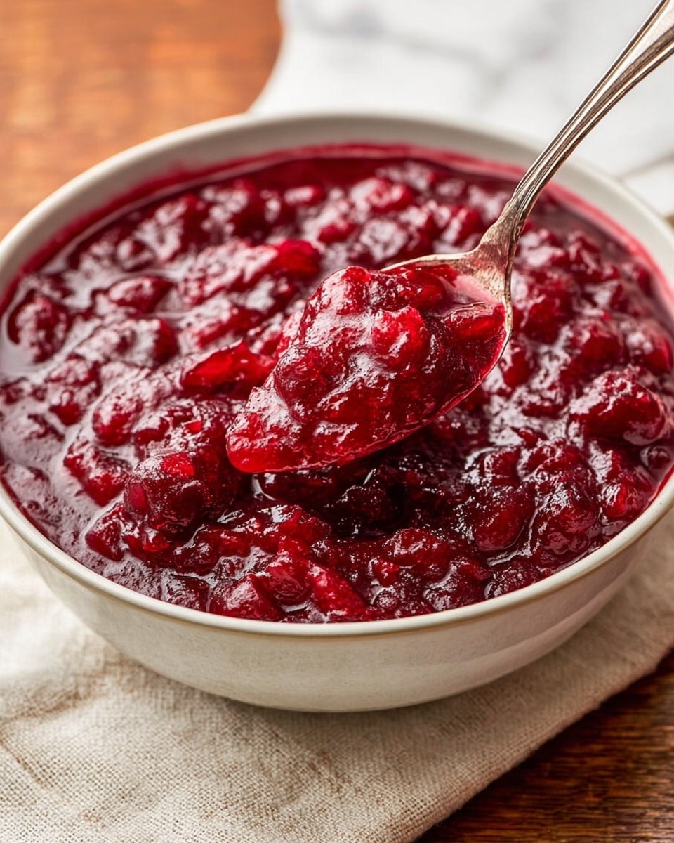 A close-up view of a bowl filled with thick, chunky cranberry sauce in bright red color, showing whole and mashed cranberries mixed together, with a silver spoon lifting a chunky spoonful from the bowl, all placed on a white marbled surface, with a beige cloth partially visible in the background. Photo taken with an iphone --ar 4:5 --v 7
