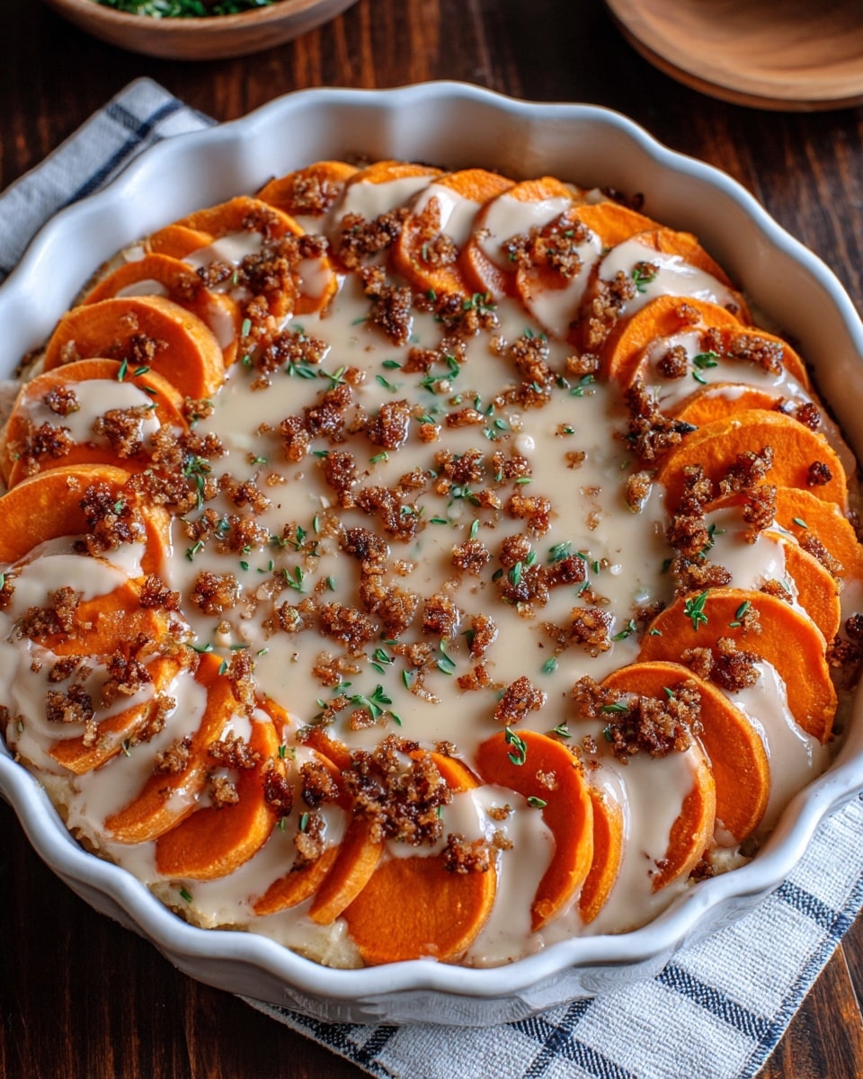 A white round dish with scalloped edges holds a layered sweet potato casserole. The bottom layer consists of creamy light brown mashed sweet potatoes, topped with neatly arranged slices of bright orange sweet potatoes in a circular pattern. A smooth, pale cream sauce is drizzled generously over the sweet potato slices, and small dark brown crumbles are sprinkled on top, adding texture. Tiny bits of chopped green herbs are scattered over the whole dish. The dish sits on a dark wooden surface with a white and blue checkered cloth beside it. Photo taken with an iphone --ar 4:5 --v 7