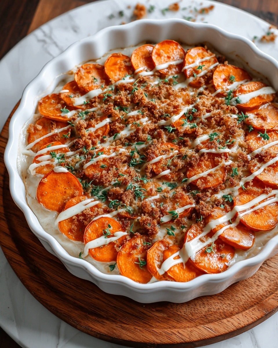 The dish shows one layer of round orange sweet potato slices, all arranged neatly covering the whole top of a white scalloped pie dish. Below the sweet potatoes is a creamy white sauce layer visible in between the slices. On top of the sweet potatoes is a sprinkling of brown crumbly bits and small green herb pieces. Drizzled across the whole dish are thin lines of a white creamy sauce. The pie dish sits on a wooden circular board against a white marbled texture. Photo taken with an iphone --ar 4:5 --v 7