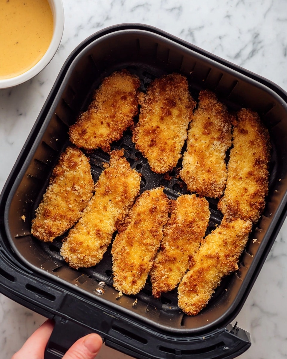 Seven pieces of golden brown breaded chicken strips are evenly placed in a black air fryer basket. The chicken has a rough, crunchy texture and varies slightly in size and shape. In the top left corner, there is a white bowl filled with a smooth, light orange dipping sauce. The scene is set on a white marbled surface with a woman's hand holding the air fryer basket handle at the bottom right. photo taken with an iphone --ar 4:5 --v 7
