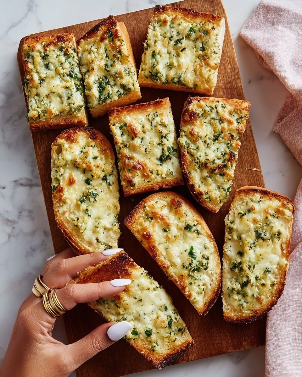 A wooden cutting board sits on a white marbled texture surface, holding rectangular pieces of golden-brown garlic bread cut into neat squares. The bread has a crispy, textured top layer with visible green parsley bits and melted cheese, giving it a crunchy and flavorful look. One woman's hand is holding a single piece of bread, showing the soft, airy white inside with a lightly toasted crust. photo taken with an iphone --ar 4:5 --v 7