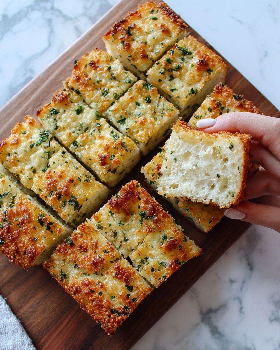 Eight pieces of garlic bread with a golden-brown toasted crust sit on a wooden board. Each piece has a thick base layer of soft white bread topped with a rich, bubbly, melted cheese layer mixed with green chopped herbs, giving a speckled green and white look on top. The cheese is browned slightly in some areas, showing a crispy texture. A woman's hand with painted white nails and wearing three gold rings is lifting one piece from the bottom right corner. The board is placed on a white marbled surface with a light pink cloth peeking from the top right corner. Photo taken with an iphone --ar 4:5 --v 7