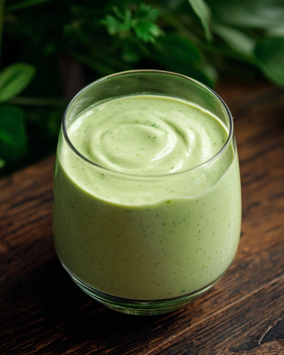 A clear glass filled with a single smooth, creamy layer of light green sauce that has tiny green flecks throughout, giving it a fresh and slightly speckled look. The glass is on a dark wooden surface with some green leafy plants blurred in the background, adding a natural touch. The sauce has a soft, thick texture with gentle swirls on the surface. Photo taken with an iphone --ar 4:5 --v 7