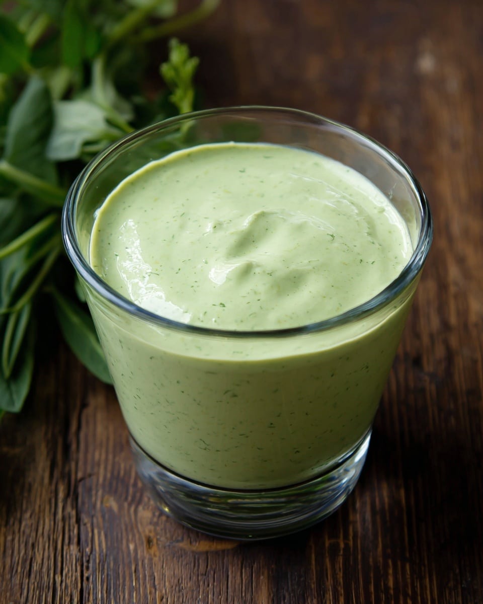 A close-up image shows a clear glass filled with a thick, creamy green sauce that has a smooth texture with tiny green specks evenly spread throughout. The glass sits on a wooden surface with leafy green herbs in the background, adding freshness to the scene. The sauce fills the glass almost to the top, and the light reflects gently on its smooth surface. photo taken with an iphone --ar 4:5 --v 7