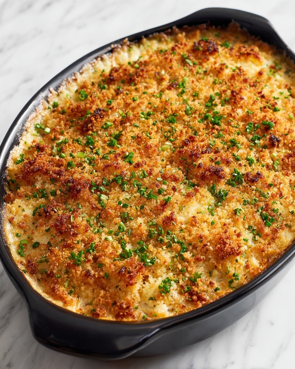 A golden brown baked casserole in a black oval baking dish sits on a white marbled surface, with a crumbly textured top layer made of toasted breadcrumbs mixed with small green herb pieces. The top layer is uneven with crispy spots showing a mix of light and darker golden colors, while underneath the crust there are likely soft, creamy layers hidden from view. The edges of the dish are slightly browned from baking, creating a warm and inviting look. photo taken with an iphone --ar 4:5 --v 7