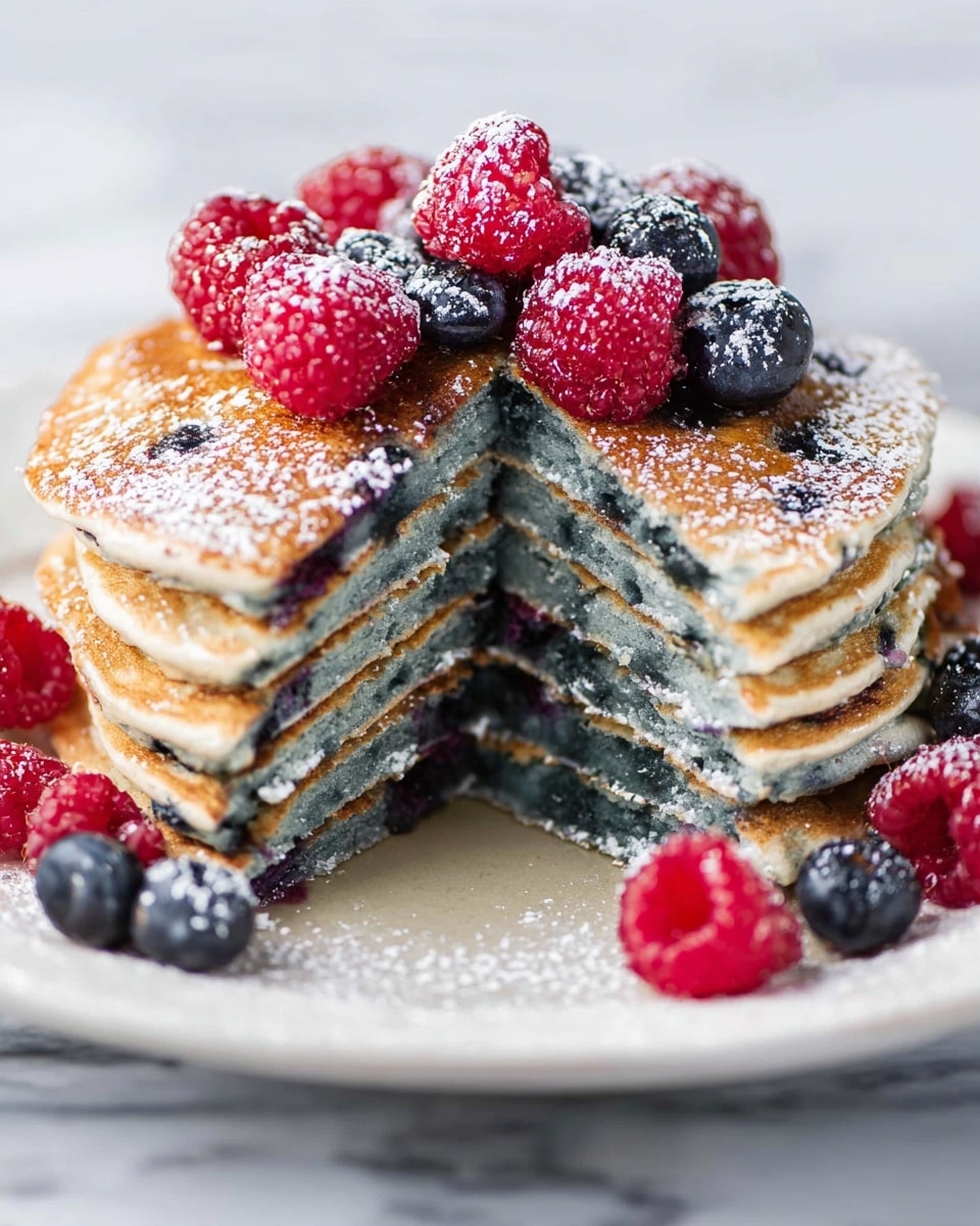 A stack of six blue pancakes sits in the middle of a white plate on a white marbled surface. The pancakes have a golden brown top with visible blueberries cooked inside, showing the texture between the layers. A small slice is removed, revealing all six layers clearly. Bright red raspberries and dark blue blueberries are scattered on top and around the stack. There is a light dusting of white powdered sugar on the pancakes, berries, and plate, adding a soft, snowy effect. photo taken with an iphone --ar 4:5 --v 7