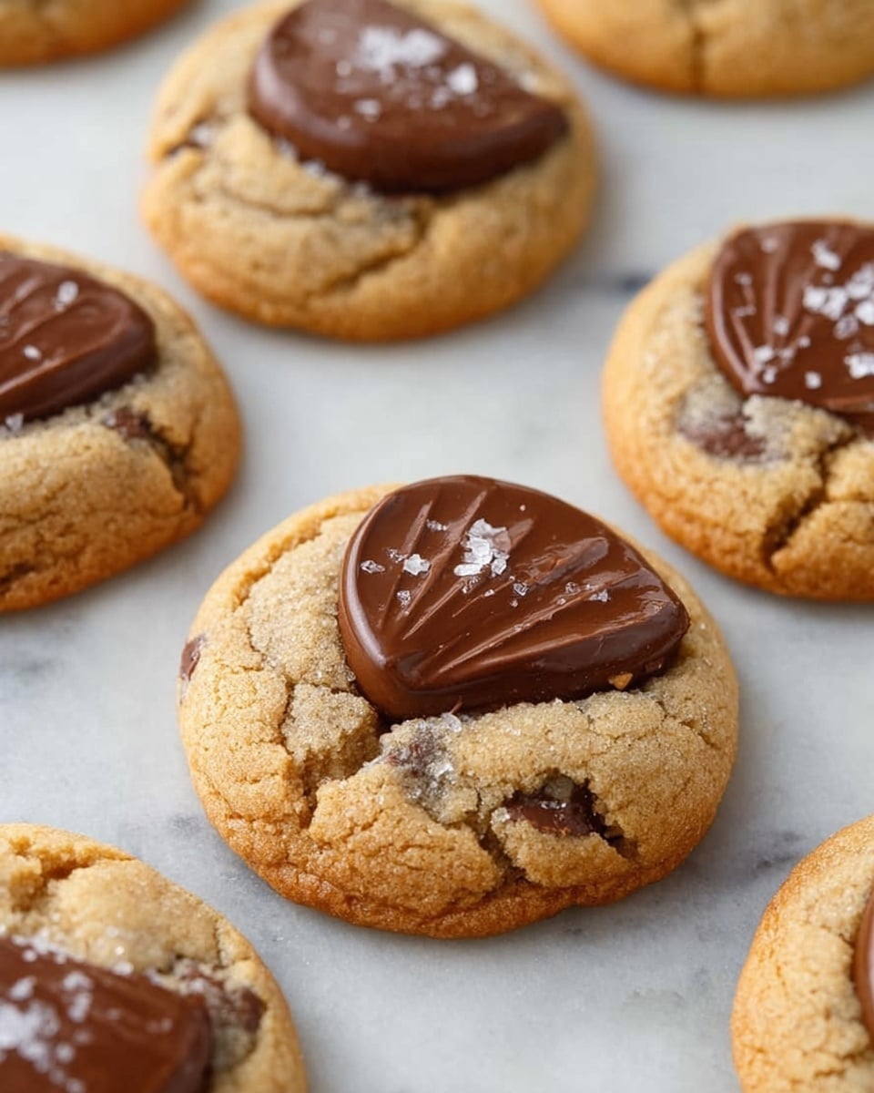 The image shows round cookies with a soft, slightly cracked surface, dotted with small dark chocolate chips. Each cookie has a thick, golden-brown base with a slightly lighter, softer top layer that gently folds around a shiny, glossy dark chocolate half-circle placed in the center. Small white salt flakes are sprinkled on top of the chocolate, adding texture. The cookies rest closely together on a white marbled surface, with visible soft edges and a slightly puffy, chewy texture. photo taken with an iphone --ar 4:5 --v 7