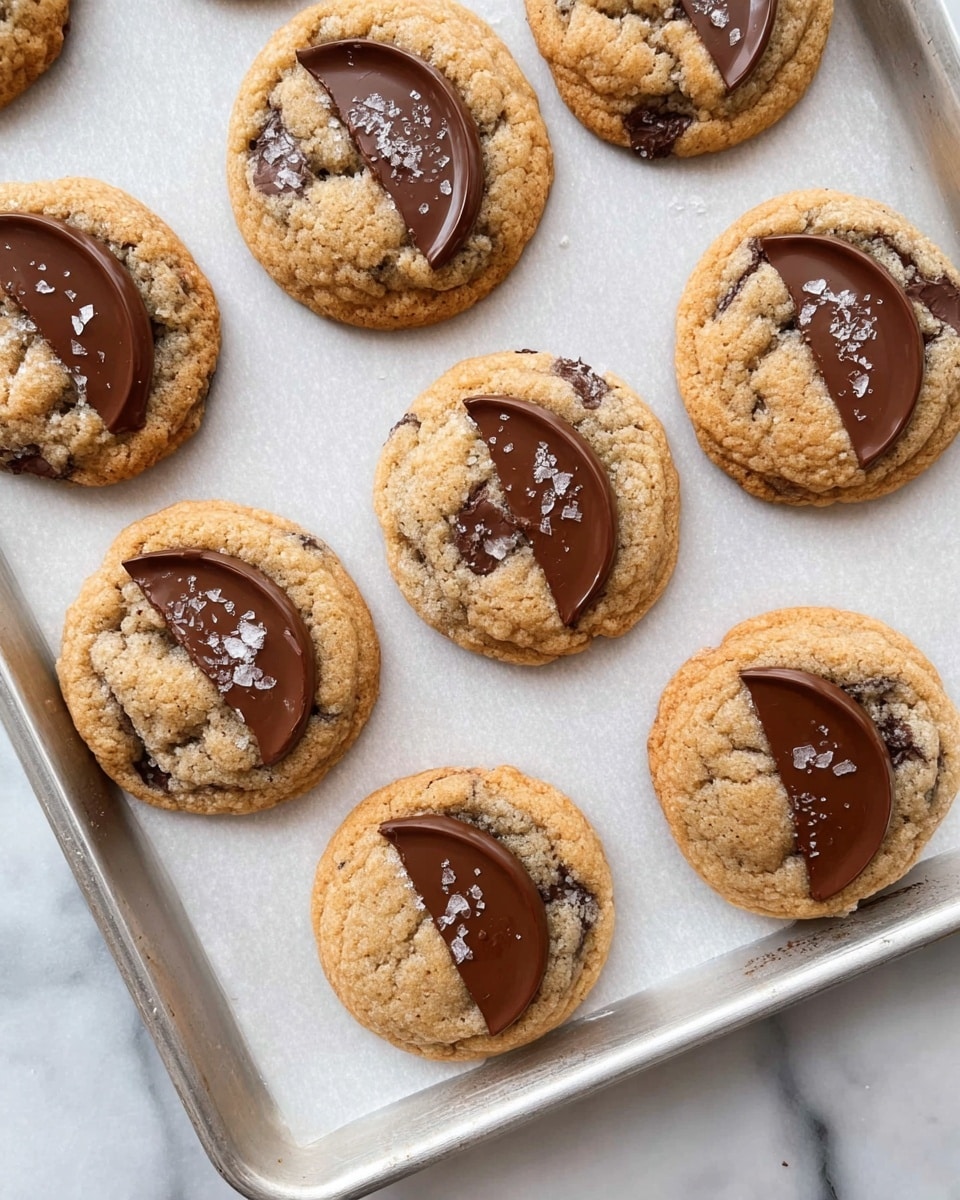 A baking tray holds eight round cookies placed on white parchment paper, each cookie showing a light golden brown color with small dark chocolate chunks inside. On top of each cookie, there is a thick half-moon shaped piece of smooth milk chocolate in the center, decorated with a few flakes of white sea salt. The cookies look soft and slightly puffy with a textured surface, while the tray edges are silver and the background is a white marbled texture. photo taken with an iphone --ar 4:5 --v 7
